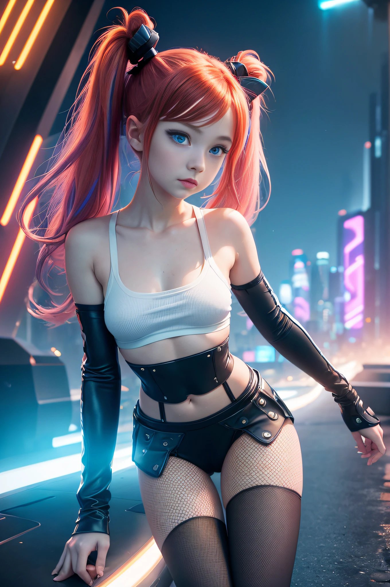 1 girl, solo, (nsfw), cute redhead 18-year-old girl in twin tails, ((perfect female body)), (cute face make up), multiple (rainbow colored hair: 1.2), (beautiful detailed blue eyes: 1.6), (photo realistic eyes: 1.6), happy, Ukrainian, (petite body), ((small hips)), pale white skin, (mini skirt and tube top), (thin pantyhose: 1.6), (("TRON LEGACY futuristic city" style background)), (night time:1.2), photo realistic.