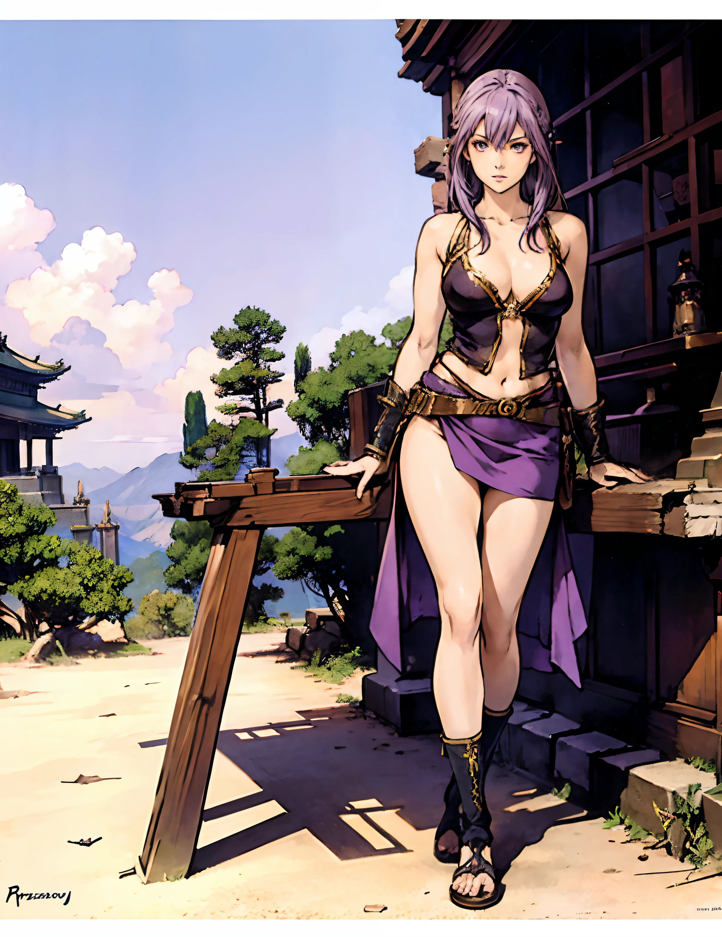Anime style of 1 girl with light purple hair , beautiful, fantasy realistic photography, wearing as tomb rider clothes, standing behind an ancient temple, intricated detailed, cinematic, bright and vibrant colors, very detailed --auto