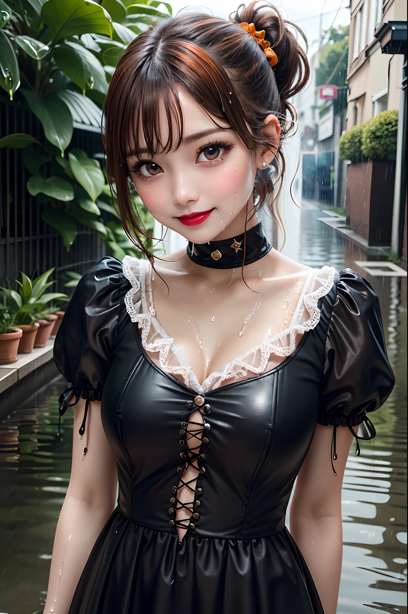 Gothic ta,sologirl,Back alley in heavy rain,Drenched goth lolil,piercings,Goth Slow Remake,Goth loli dreThe whole body is soaking wet,Rainwater dripping from the face,Wet face,wetting hair,Wet and glowing skin,Soaking wet costumes,),(Glossy light brown and orange two-tone hair,Short ponytail),(The composition of the princess's face,big eye,Pointed lips,red lipsticks,Cute round face,A smile that makes the viewer happy,blushing with embarrassment,red blush,),(The 8k quality,masutepiece,top-quality,Ultra-high resolution output image,),intricate detailes,(Highly detailed raw full body photo:1.3),(Image Mode Ultra HD),