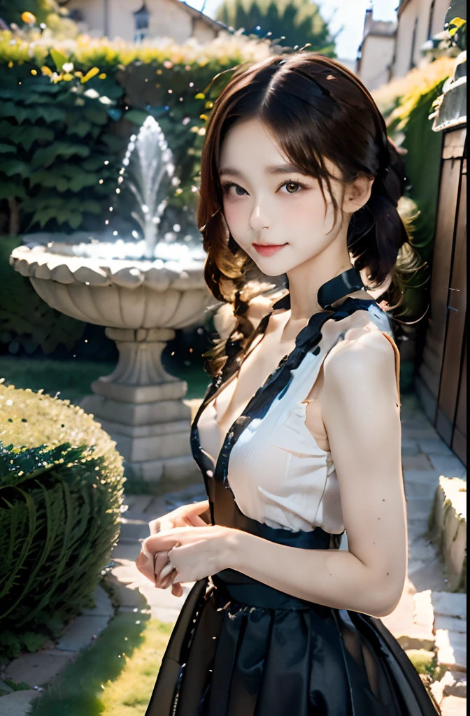 top-quality、masuter piece、ultra-detailliert、(((gothic lorita,Old castles in Europe:1.3,sologirl,Old castle courtyard,In front of the flower bed,Gothic ta Girl))),Cowboy Shot、piercings,Gothic Loliakeup,Gothic Lolita D,Gorgeous costumes with fluttering lace,(Glossy light brown and orange two-tone hair,Short side ponytail),(The composition of the princess's face,big eye,Pointed lips,red lipsticks,Cute round face,A smile that makes the viewer happy,blushing with embarrassment,red blush,),(The 8k quality,masutepiece,top-quality,Ultra-high resolution output image,),intricate detailes,(Highly detailed raw full-body photographs:1.3),(Image Mode Ultra HD),(((blurry backround,Old castles in Europe:1.2,Stone castle:1.3,Garden with fountain,Garden of flower garden,lawn)))