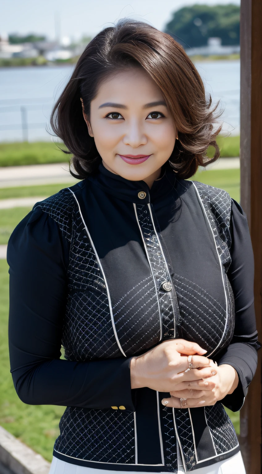 ((Best quality, 8K, Masterpiece, Portrait: 1.3)), (View viewers), Photorealism, Sharp focus, Solo, The Moro Islamic Liberation Front of Japan, Beauty,Wavy hair, Wrinkles at the corners of the eyes, to emphasize, ((Big breasts:1.3))),,30 years old, curlies, Wrinkled eyes, Equestrian Riding Outfit, ((looking at viewert))