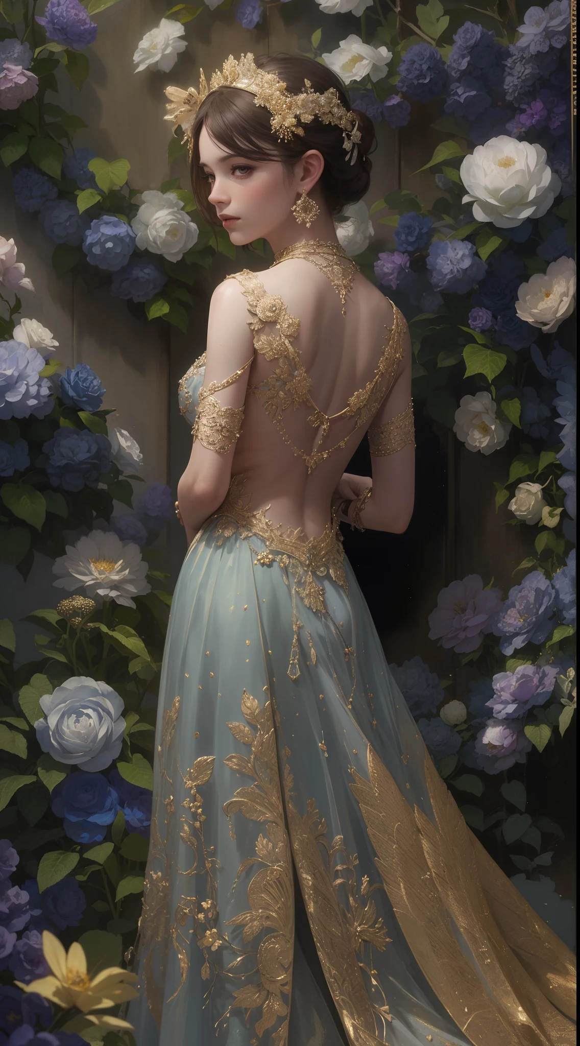 (Best quality,8K,A high resolution,Masterpiece:1.2),Ultra-detailed,(Realistic,Photorealistic,photo-realistic:1.37),Portrait,Creative style artwork,Historical,classical,Sophisticated,plethora of colors,Highly detailed,Soft lighting,luxurious environment,detailed gown,Vibrant flowers,detailed jewellery,Ethereal atmosphere,Elegant Pose,Graceful curves,Gold body proportions，Flowing hair,Breathtaking textile patterns,Harsh purple eyes,Delicate floral decoration,A dazzling array of crystal accessories,Mysterious and dreamy atmosphere,Impeccable attention to detail.