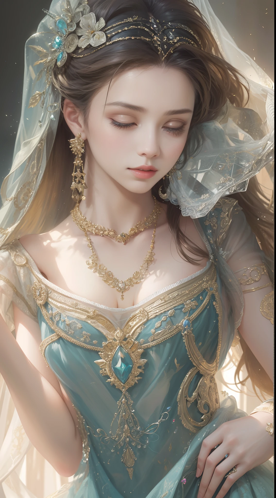 (Best quality,8K,A high resolution,Masterpiece:1.2),Ultra-detailed,(Realistic,Photorealistic,photo-realistic:1.37),Portrait,Creative style artwork,Historical,classical,Sophisticated,plethora of colors,Highly detailed,Soft lighting,luxurious environment,detailed gown,Vibrant flowers,detailed jewellery,Ethereal atmosphere,Elegant Pose,Graceful curves,Gold body proportions，Flowing hair,Breathtaking textile patterns,Harsh purple eyes,Delicate floral decoration,A dazzling array of crystal accessories,Mysterious and dreamy atmosphere,Impeccable attention to detail.