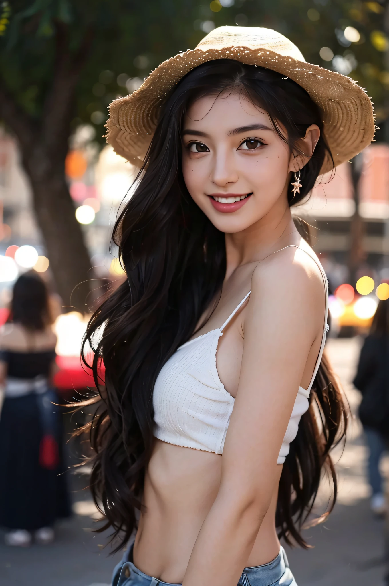 chica sexy con sombrero de puntiagudo para fiesta de Halloween en un fiesta de disfraces, Cabello largo y rubio y ojos grandes, Linda modelo femenina, cabello rubio y ojos grandes, sonriente, desnuda