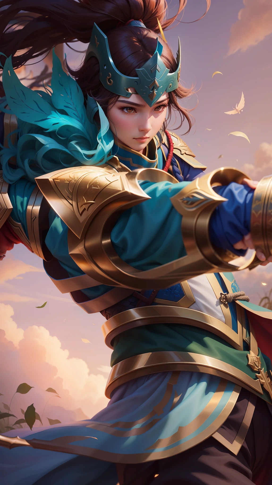 a close up of a person holding a sword in a field, inspired by Huang Shen, heise jinyao, zenra taliyah, inspired by Shen Zhou, guan yu, inspired by Du Jin, taliyah, inspired by Huang Ding, astri lohne, inspired by Yang Jin, zhao yun, inspired by Li Kan, inspired by Yi Jaegwan