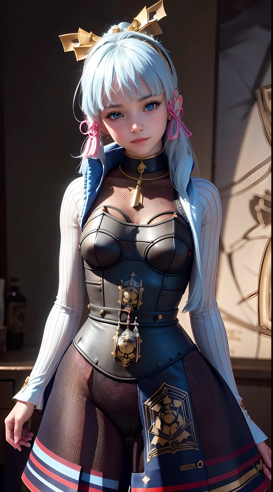 {best quality}, {{masterpiece}}, {high res}, extremely detailed CG, extremely detailed 8K wallpaper, extremely detailed character,{an extremely delicate and beautiful portrait}, (((portrait))), solo, sharp focus, dramatic angle, {{cinematic lighting}}, (photorealistic:2), {{{character ({{{a girl}}}, {{{{{{}}}}}}, smile, opened mouth, beautiful detailed eyes, light blue eyes)}}}, ((18 years old)), highly detailed eyes, highly detailed face, (cowboy shot), 1 girl, solo, standing, studio background, (black background), white hair, multicolored hair, petite, blue hoodie, hair ornament, (((Striped Mesh Bodysuit)))