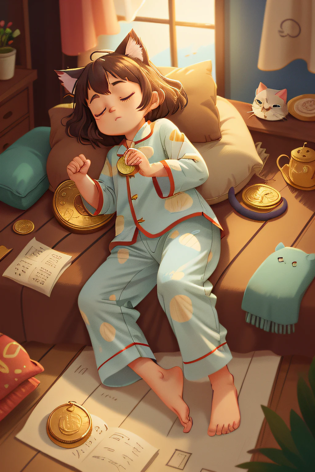 "A small child in brightly colored pajamas,2 cat ears,lying on boat，Sleep with your eyes closed like a human。The cat's forelimbs held a huge gold coin tightly，Symbolizes the meaning of holding wealth。The cat's posture is relaxed and natural，It's like a person napping in the afternoon sun。