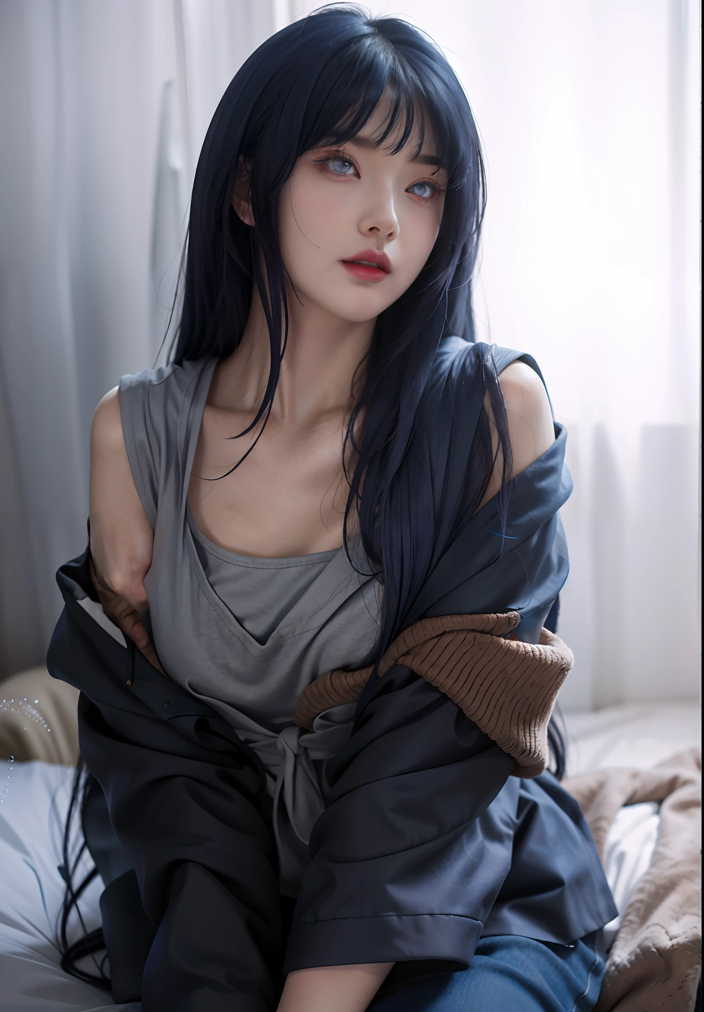 a close up of a person with long hair and a hoodie, hinata hyuga, hinata hyuga from naruto, from naruto, as an anime character, perfect anime face, she has dark blue hair with bangs, female anime character, anime character, anime best girl, hime cut hairstyle, dark blue hair, (red glossy lips:1.3), light purple eyes, big breasts, realistic, ultra detail, indoor background