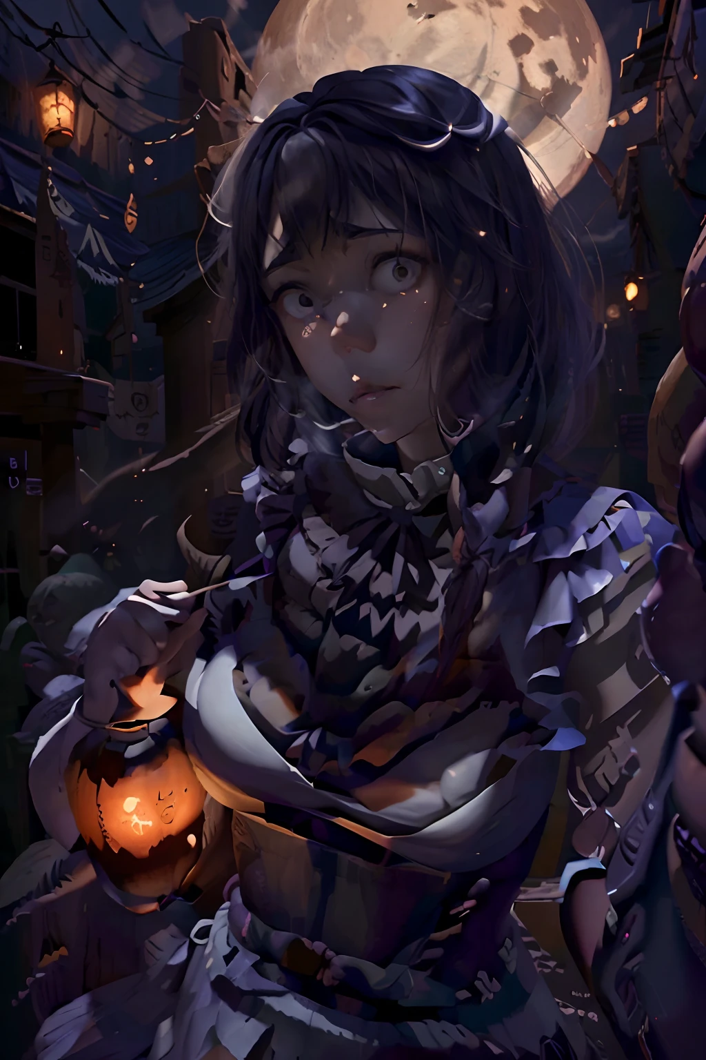 Beautiful young Japanese woman in a Halloween costume, big bouncing pumpkins, going to Knott's Scary Farm, photorealistic:1.37, vivid colors, anime style, haunted house atmosphere, lantern-lit path, glowing moon, spooky shadows, mysterious fog, realistic eyes and lips, detailed face, flowing hair, intricate costume design, traditional motifs, vibrant colors, eerie lighting.