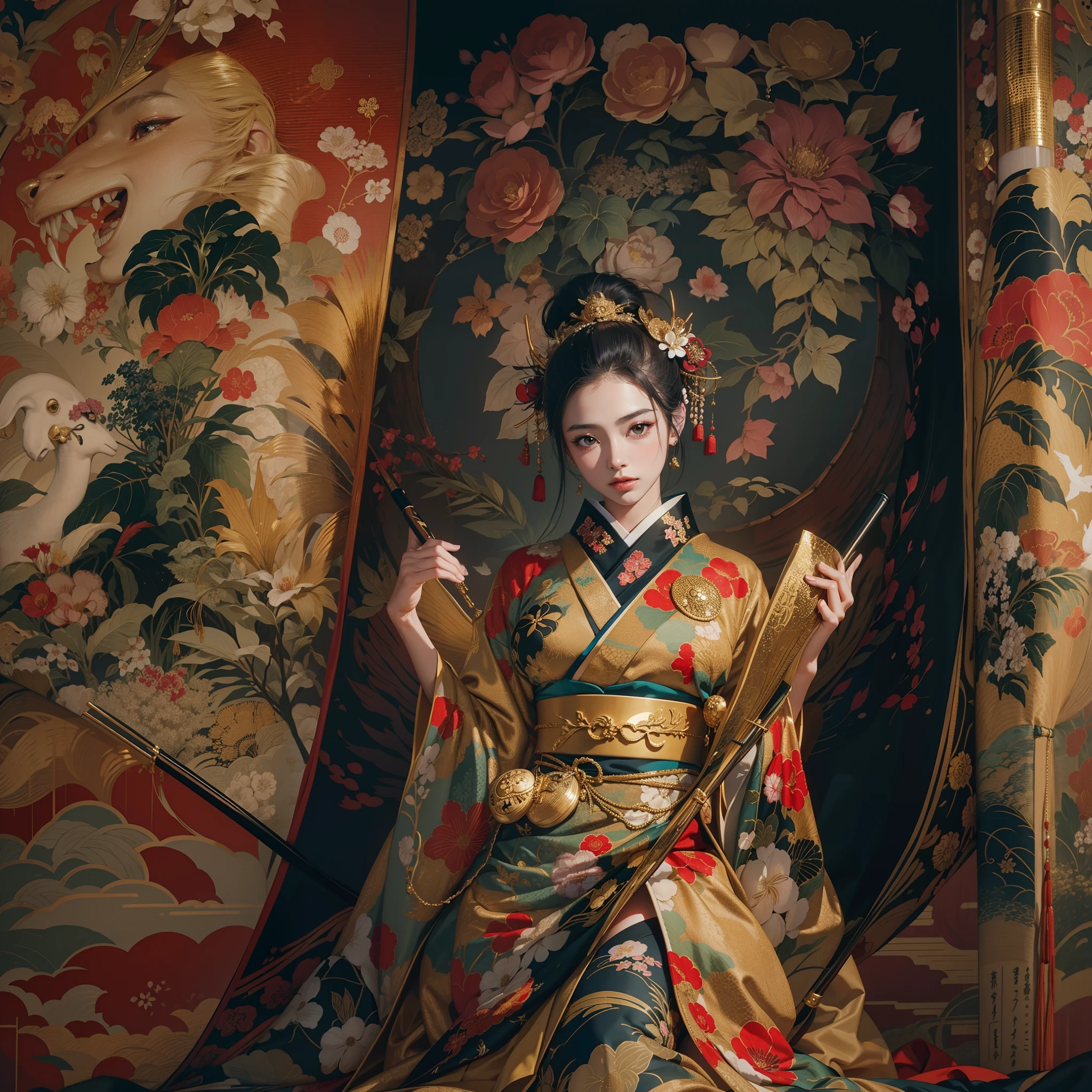Detailed background(Bridge over a deep valley)、(Gorgeous and elegant backgrounds:1.2), standing on a bridge、BREAK,elaborate costume{Luxury kimono(Colorful kimono(Detailed golden embroidery,))}、(Japanese Idol(actress):1.2)(face perfect:1.2),Depict a beautiful and graceful woman of Japan。glossy dark hair,poneyTail,Heart in the eye。 Wallpapers 16K, .Blur the background with a sickle,((masutepiece)), ((Best Quality)),{{a portrait photo of}},full body Esbian、Faraway view