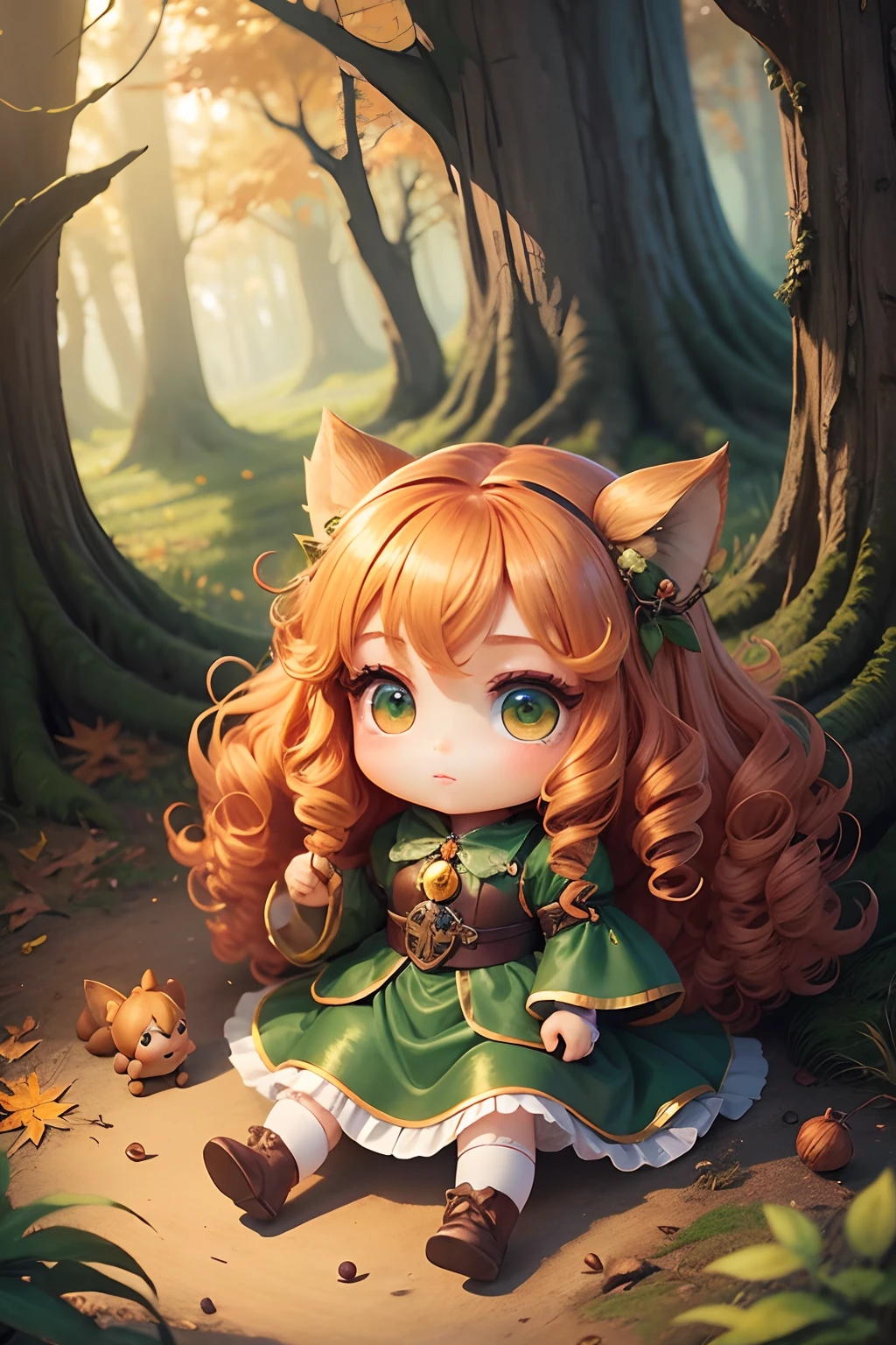 High quality, fairy tale world, chibi characters, big-headed, doll-like pretty girls, golden curly hair, big green eyes, autumn full of acorns, forest,