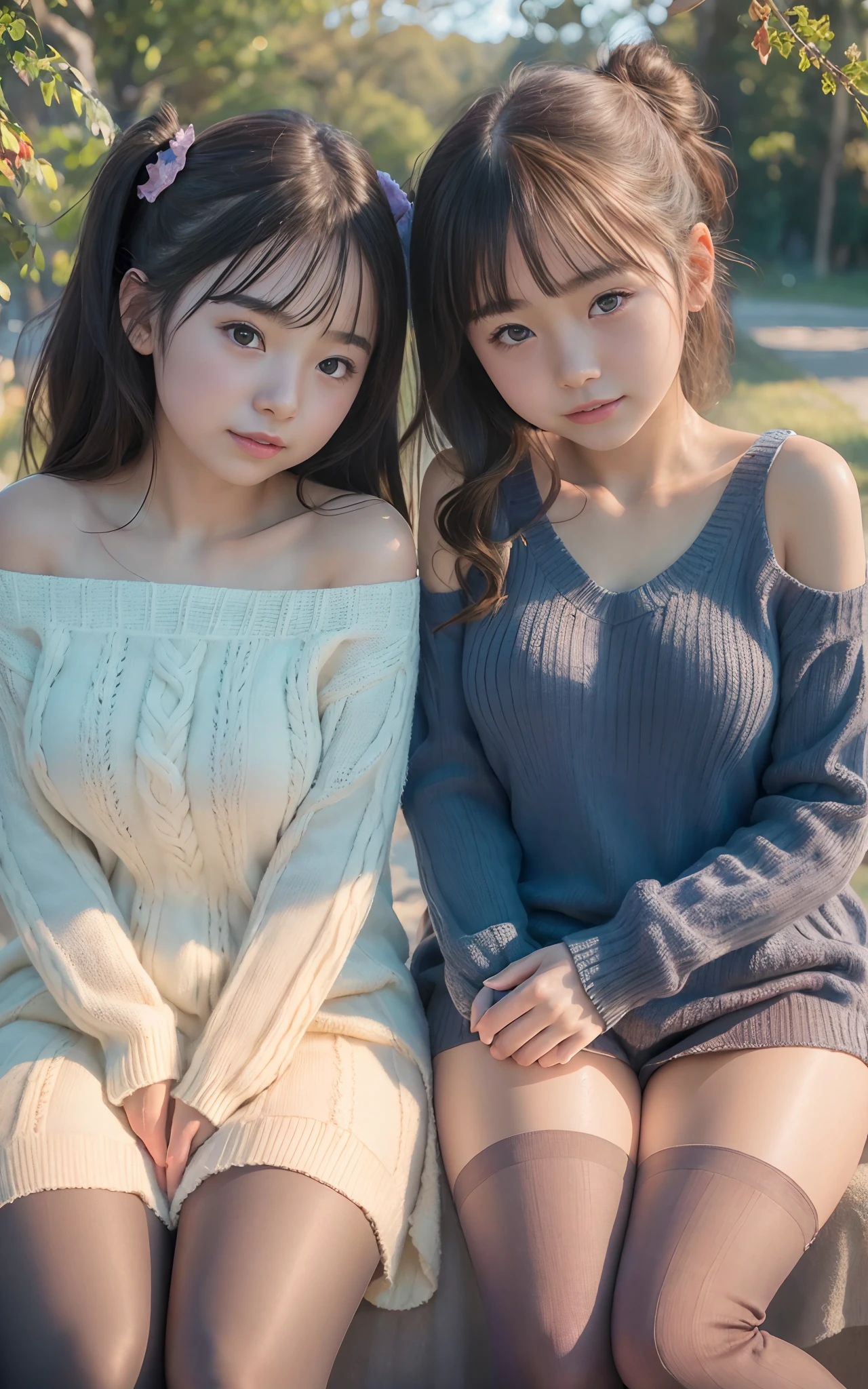 (2girls same age:1.2) , couple focus, adorable, yo,   japanese girls,  cheek-to-cheek, sitting next to each other on the cushion, knees , off_shoulder long sweater , (pantyhose:1.3),   (smile),twintails,  hair Scrunchie,  , (high saturation:1.2), (low contrast:1.1), (high saturation:1.0), (extremely detailed skin), (best quality:1.0), (ultra highres:1.0) ,(photo realistic:1.0), (ultra detailed:1.0), (8k, RAW photo:1.1),(breast)