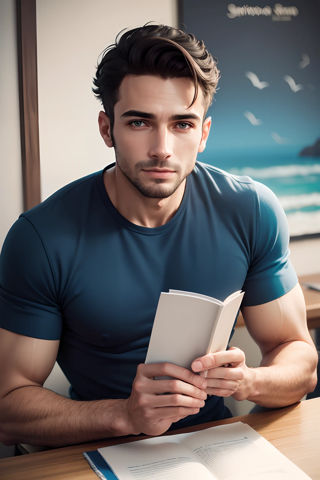 Homem branco de 30 anos, olhos castanhos, Successful entrepreneur, moderno, sofisticado, sentado em uma poltrona de cor azul marinho, moderna e imponente,