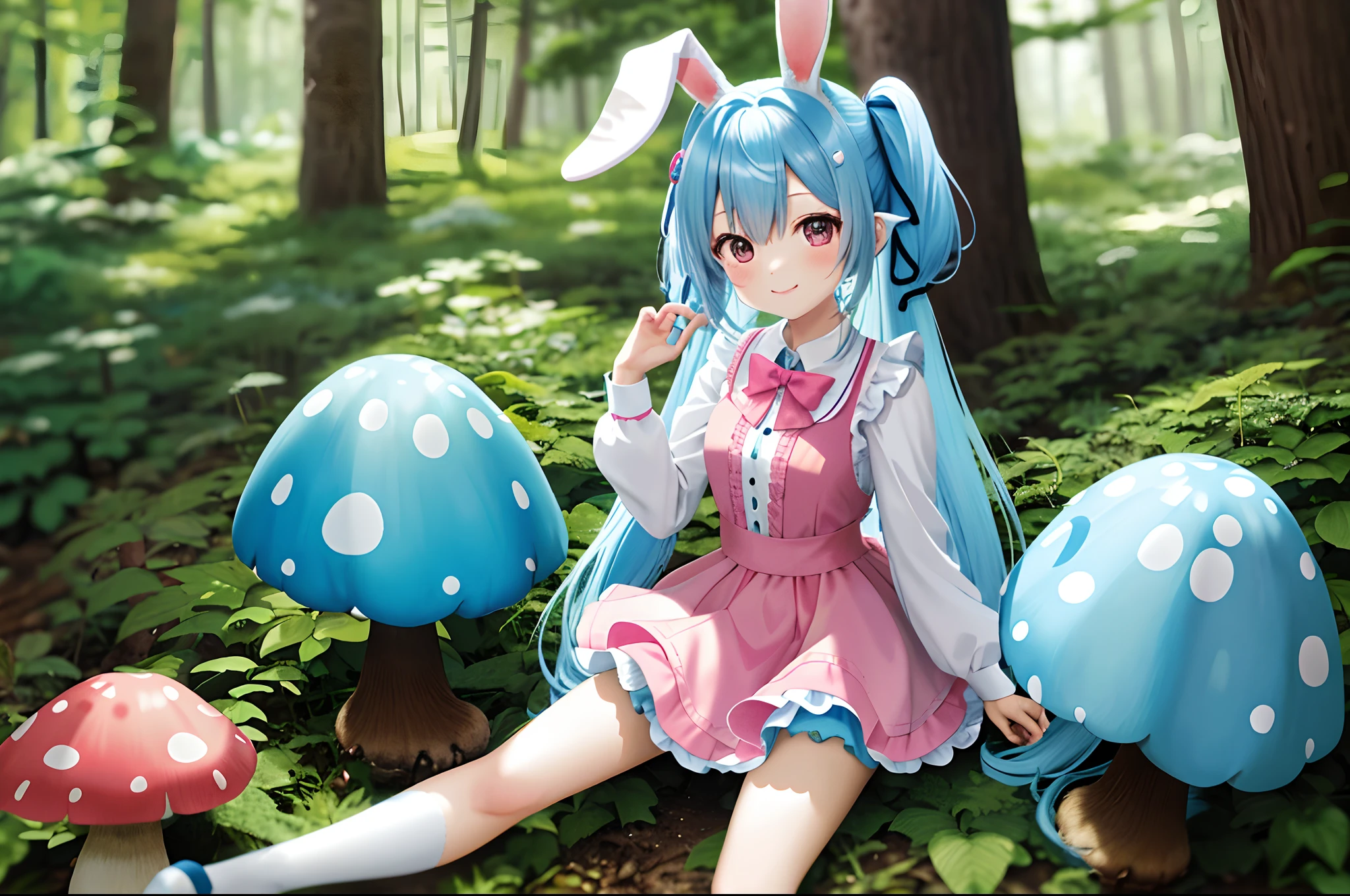 masterpiece, High resolution, highest quality,1 girl, light blue long hair、twin tails、smile, alice in wonderland, dress, (forest), (flowers:0.8), (butterfly:0.6), (rabbit ears), fairy tale, cute yellow chick、mushroom, basket, colorful big easter eggs, ((striped stockings)), red ribbon