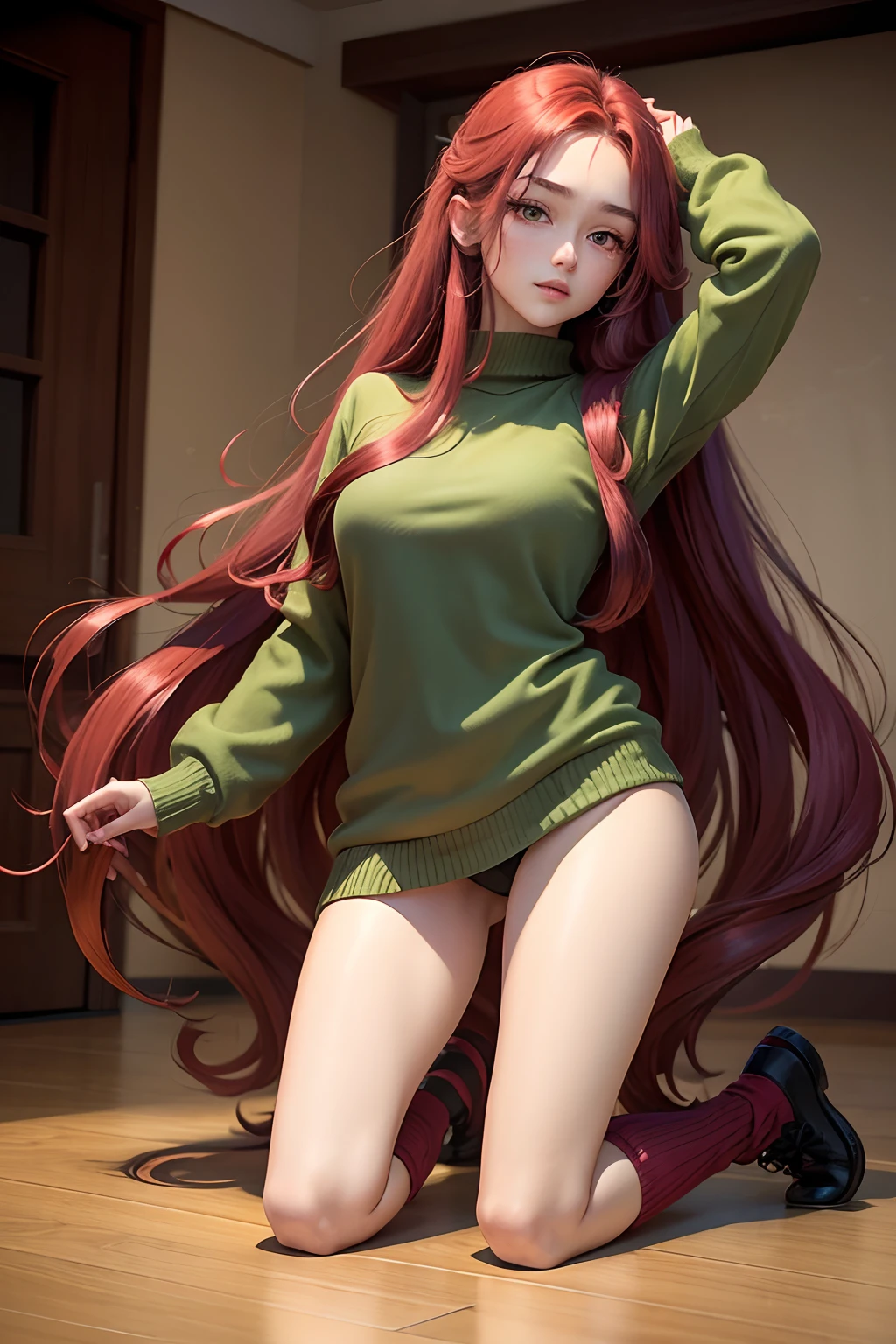 Beautuful Women,23 years old,Tachibana crimson long hair,Hair is messy and fluttering,Green eyes,full body Esbian,(Large red loose sweater),Loose slacks,Sweater flutters,edge light,(Long-haired fainting:1.5),A warrior