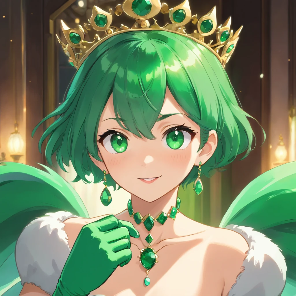 emerald tiara, Green Pearl Necklace, Boyish very short green hair, lipsticks, Japan woman smiling, very short short hair, fist, big breasts beautiful, Green eyes, Long green gloves made of satin material, Green eyes, Emerald Earrings, lesbian ,the kiss