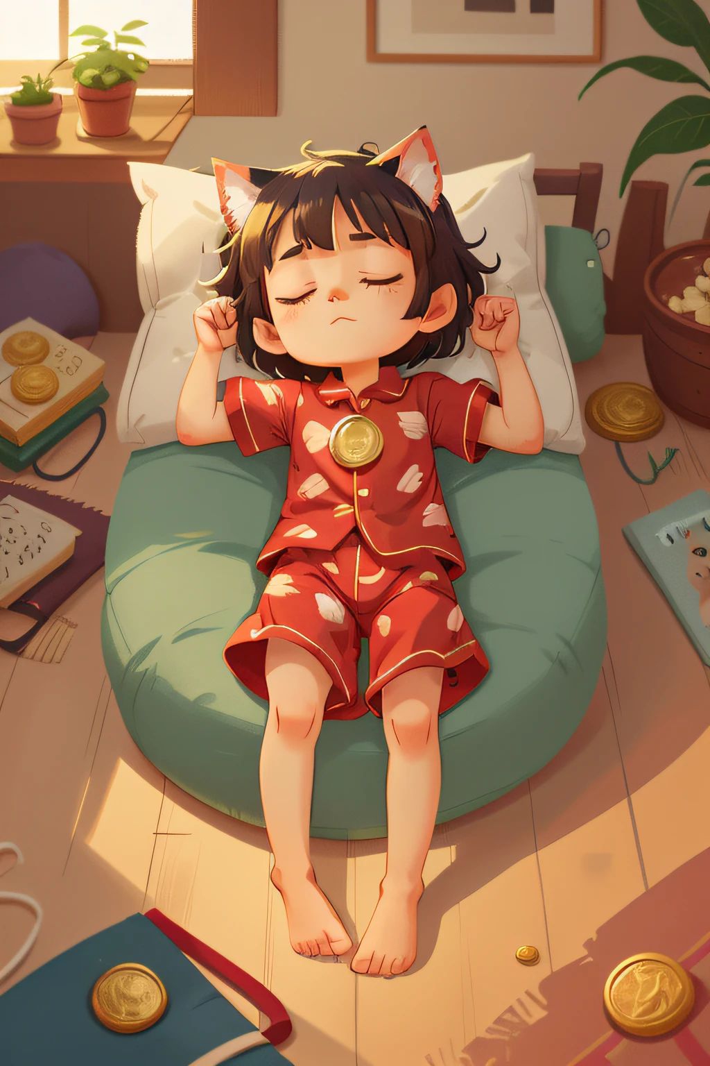 "A in brightly colored pajamas,2 cat ears,lying on boat,Sleep with your eyes closed like a human。The cat's forelimbs held a huge gold coin tightly,Symbolizes the meaning of holding wealth。The cat's posture is relaxed and natural,It's like a person napping in the afternoon sun。