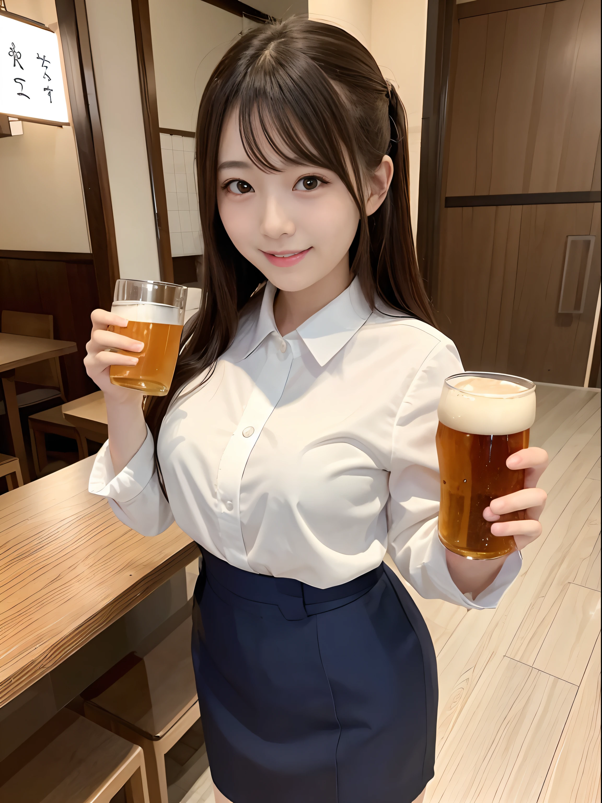 top-quality,cute Japanese girls,blouse、Clerk attire,Fluffy smile,Idol,Drinking with a beer in one hand,izakaya