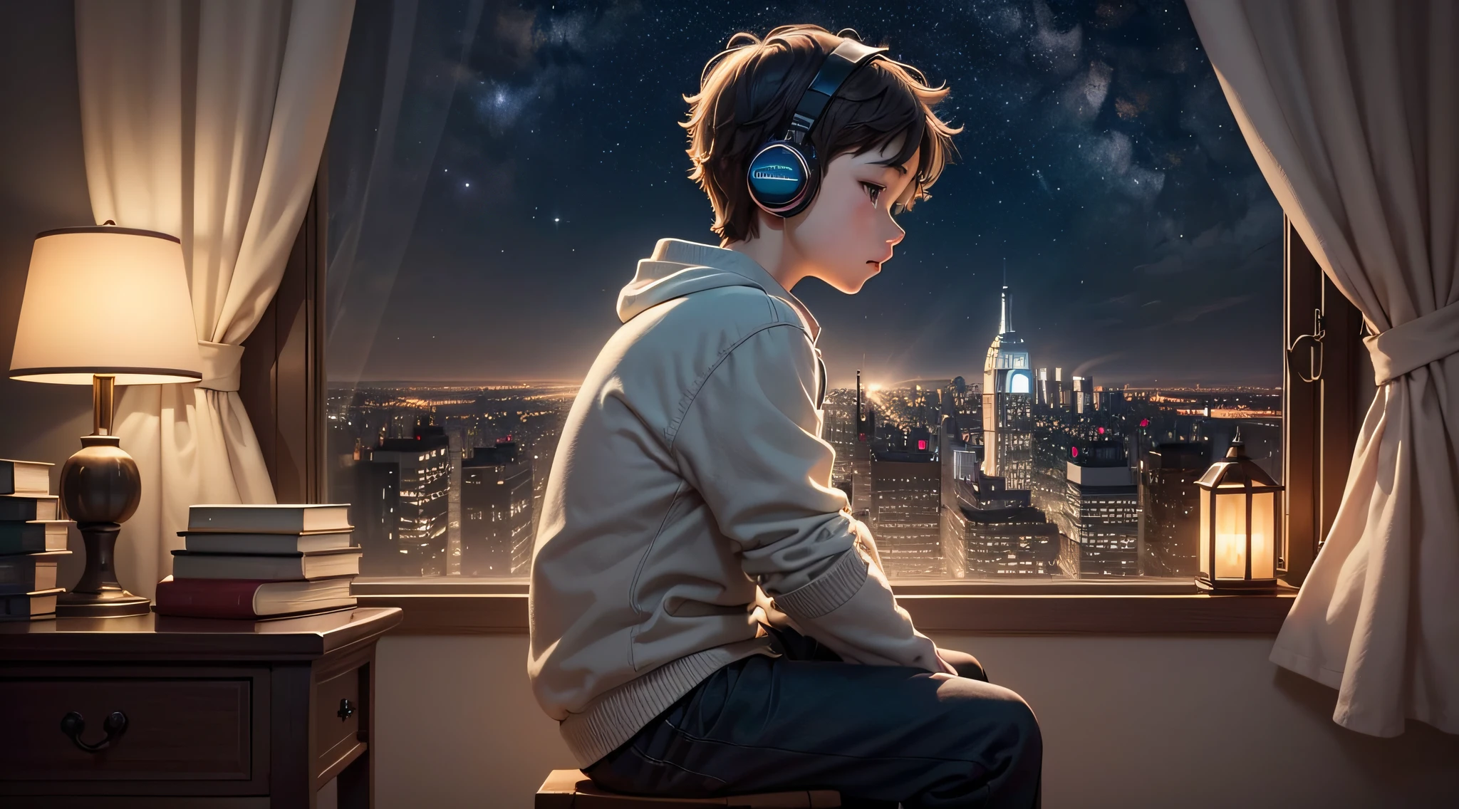 Create a captivating YouTube channel image for an educational channel focused on study and learning, symbolized by a contemplative 7-year-old boy Wear headphones. Illustrate a scene where the young boy is sitting near a large window with a breathtaking night view of the city skyline or a starry night sky.

The boy should be positioned near the window, bathed in soft, ambient light from the night outside. He should be deeply engrossed in a book or notebook, symbolizing his dedication to learning. The city lights or stars should twinkle in the background, evoking a sense of wonder and inspiration.

Incorporate the channel's name, 'Nighttime Scholars,' in a font that complements the image's overall atmosphere. Place the text creatively within the image, ensuring it blends seamlessly with the scene and reflects the channel's educational theme.

The image should convey a sense of tranquility, introspection, and the idea that learning can happen at any hour, even during the peaceful, starlit nights. It should inspire viewers to embrace the magic of nighttime study and the joy of discovering knowledge, just like the boy by the window.