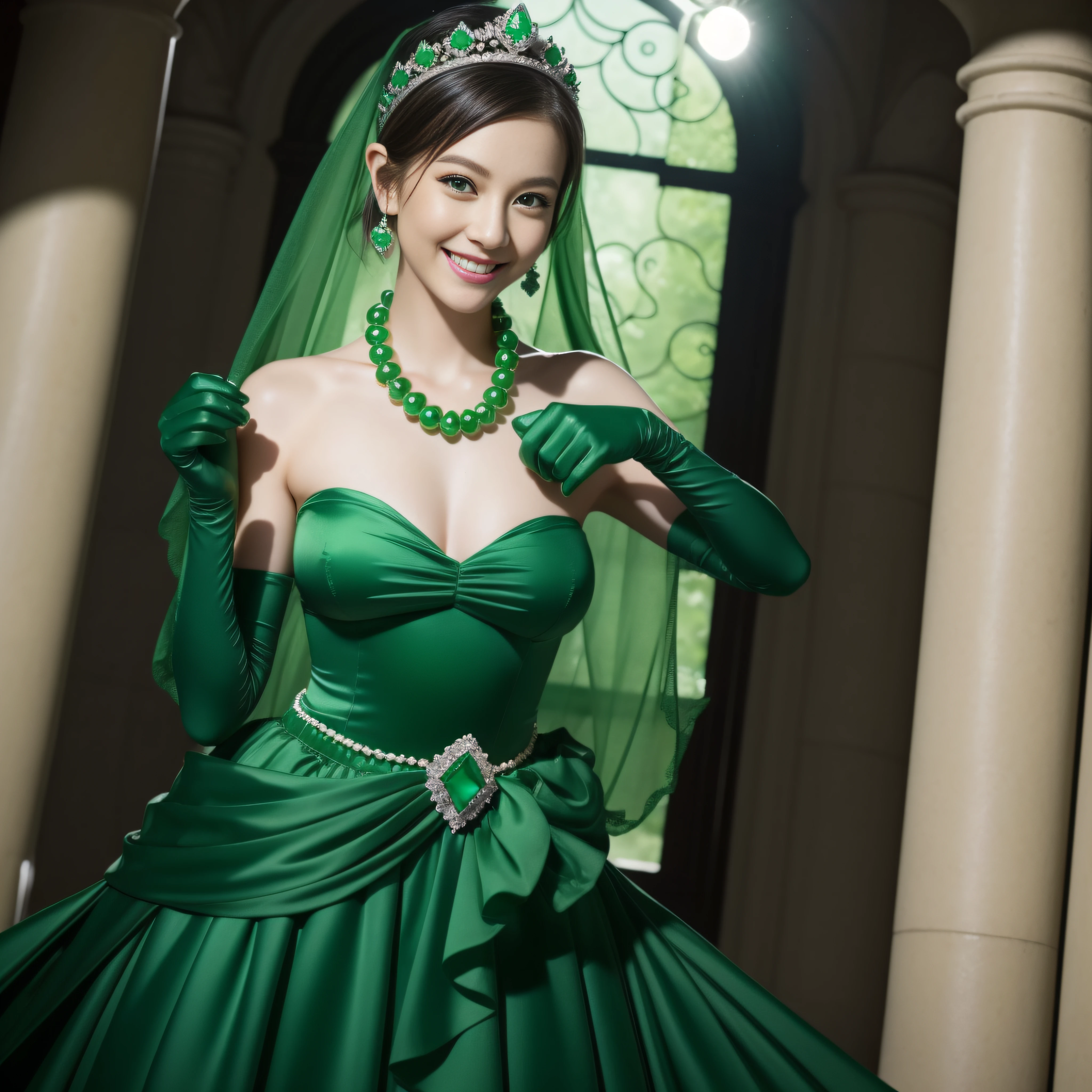 emerald tiara, Green Pearl Necklace, Boyish very short green hair, lipsticks, Japan woman smiling, very short short hair, big breasts beautiful, Green eyes, Long green gloves made of satin material, Green eyes, Emerald Earrings, Green dress, Pregnancy, Pregnant Woman, The tattoo