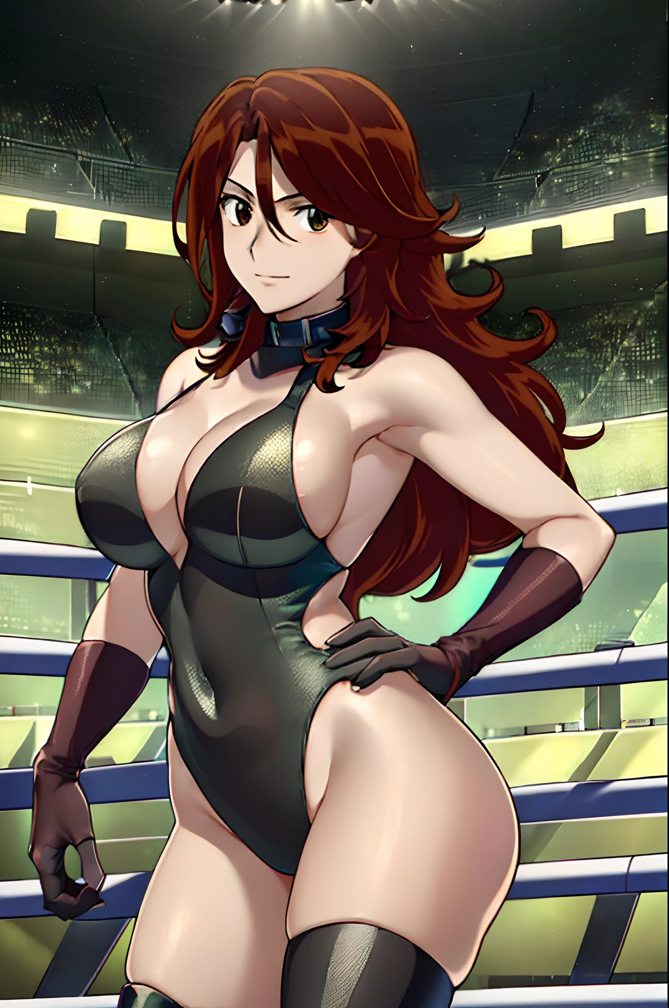 cowboy shot, anime style: 1.8, anime drawing, ultra detailed face, ultra detailed body, 4k, Sumergai Lee Noriega, (standing, hands on hips), best quality, anime style, hires, highest definition, digital blending, bold drawing lines, ((slender body, female wrestler), (location: wrestling arena, crowds watching), (slender body, broad shoulders), mature woman, ((black wrestling gear: leotard, boots, gloves, collar band, black gear)), victorious, gorgeous, winner, smile, (pale skin), (big breasts), (big eyes, brown eyes), (warming up), (brown, long hair), 27 years old,