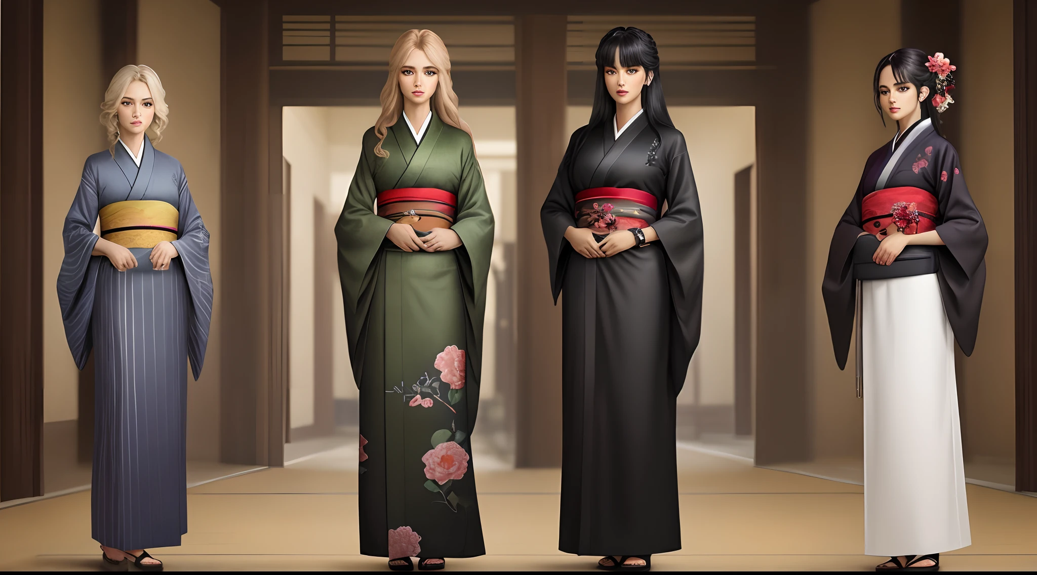 cabelos preto e longos,green-eyed,Royal sister,long kimono,Standing painting