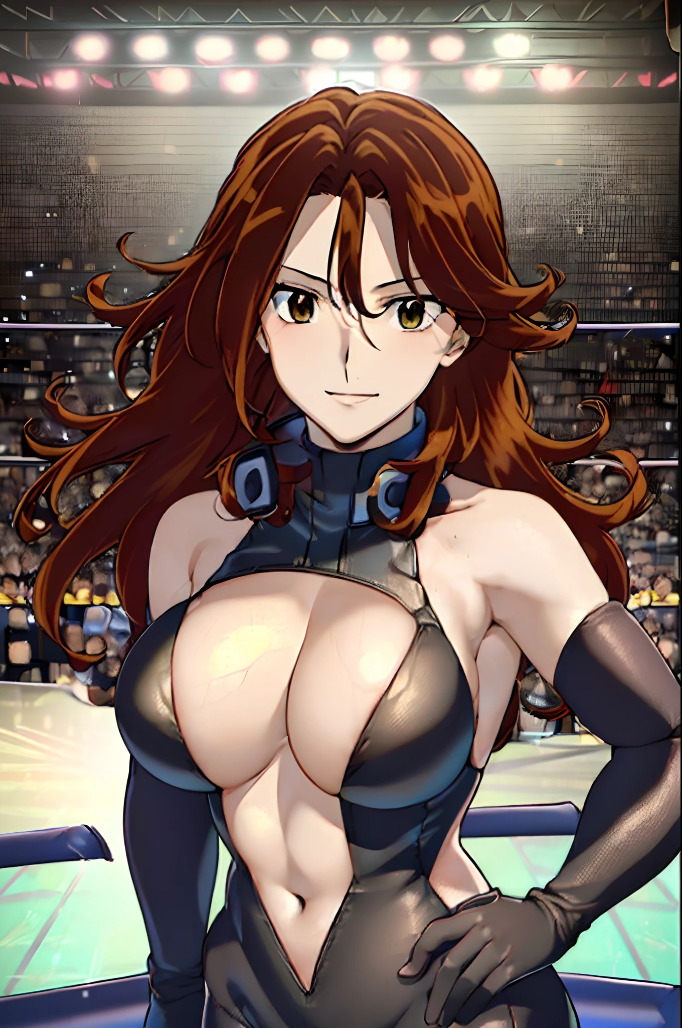 cowboy shot, anime style: 1.8, anime drawing, ultra detailed face, ultra detailed body, 4k, Sumergai Lee Noriega, (standing, hands on hips), best quality, anime style, hires, highest definition, digital blending, bold drawing lines, ((slender body, female wrestler), (location: wrestling arena, crowds watching), (slender body, broad shoulders), mature woman, ((black wrestling gear: leotard, boots, gloves, collar band, black gear)), victorious, gorgeous, winner, smile, (pale skin), (big breasts), (big eyes, brown eyes), (warming up), (brown, long hair), 27 years old,