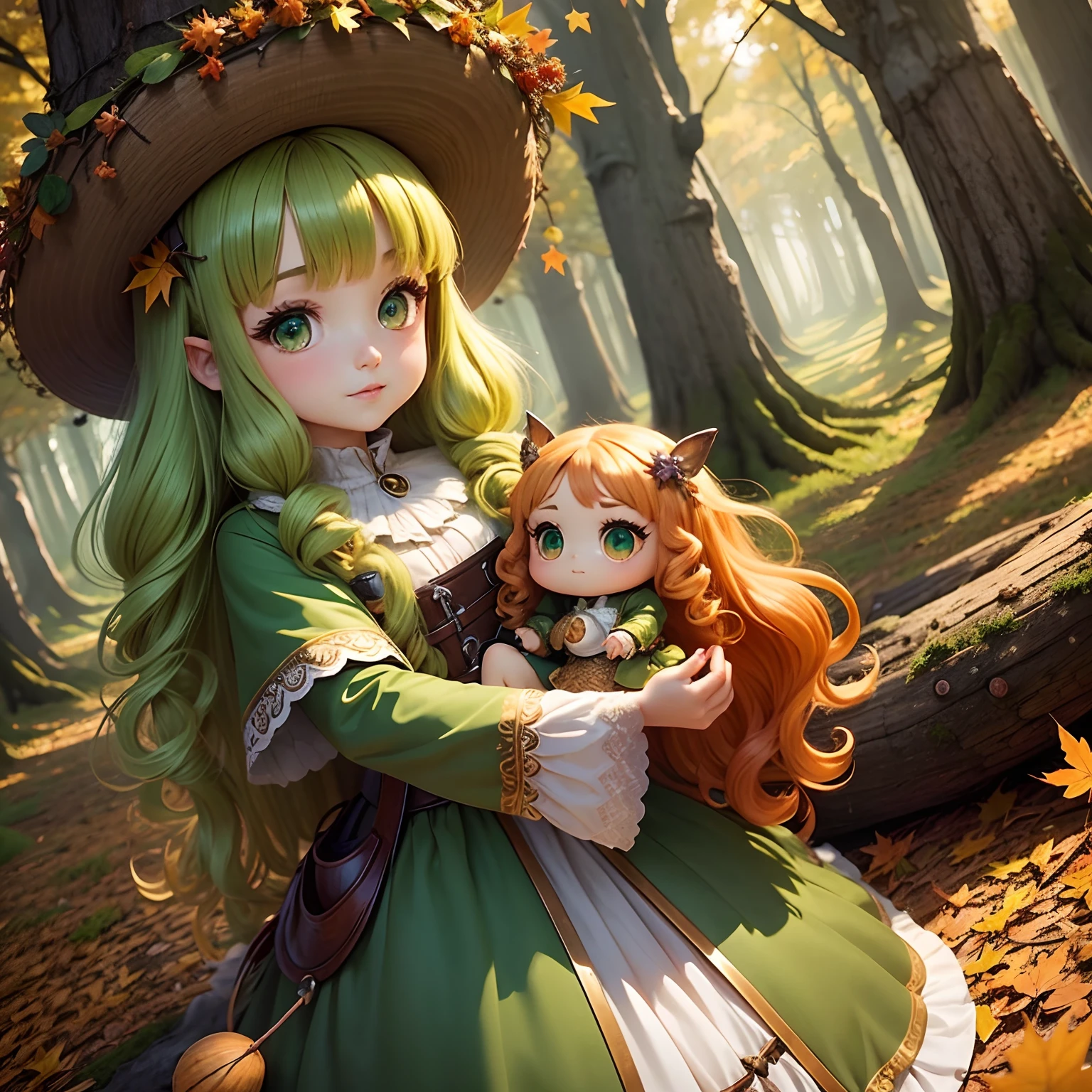High quality, fairy tale world, chibi characters, big-headed, doll-like pretty girls, golden curly hair, big green eyes, autumn full of acorns, forest,