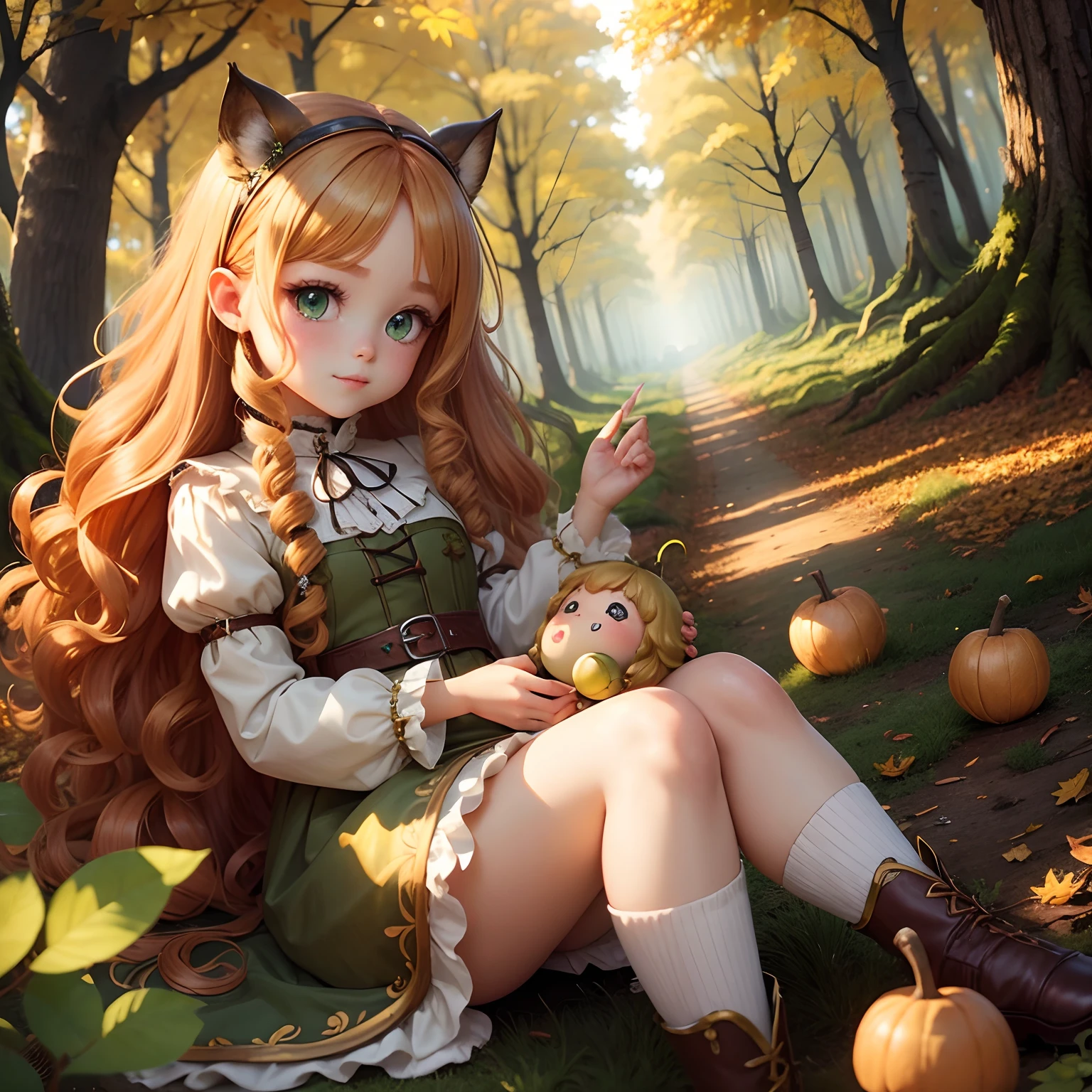 High quality, fairy tale world, chibi characters, big-headed, doll-like pretty girls, golden curly hair, big green eyes, autumn full of acorns, forest,