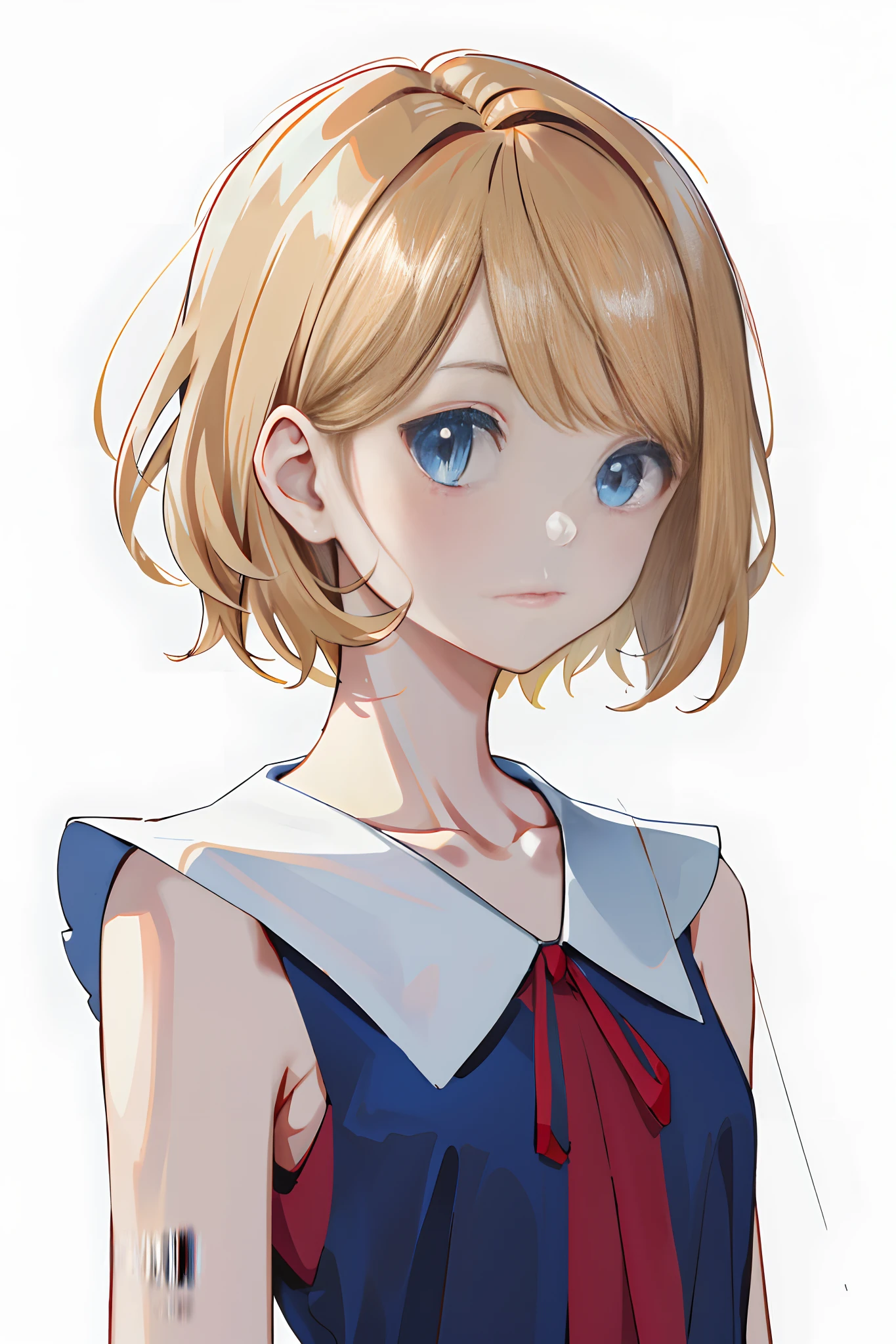 masterpiece, best quality, highres, serena \(pokemon\), short hair, blue eyes, 1girl, solo, red ribbon, eyelashes, neck ribbon, sleeveless, bangs, collarbone, bare arms, red dress , blue coat, white background, front, no scenery, looking at the viewer,upper body, facing viewer, solid color background, clean background, facing the camera, high resolution, expressionless calm face, white back ground, looking away, simple_background, blonde hair.