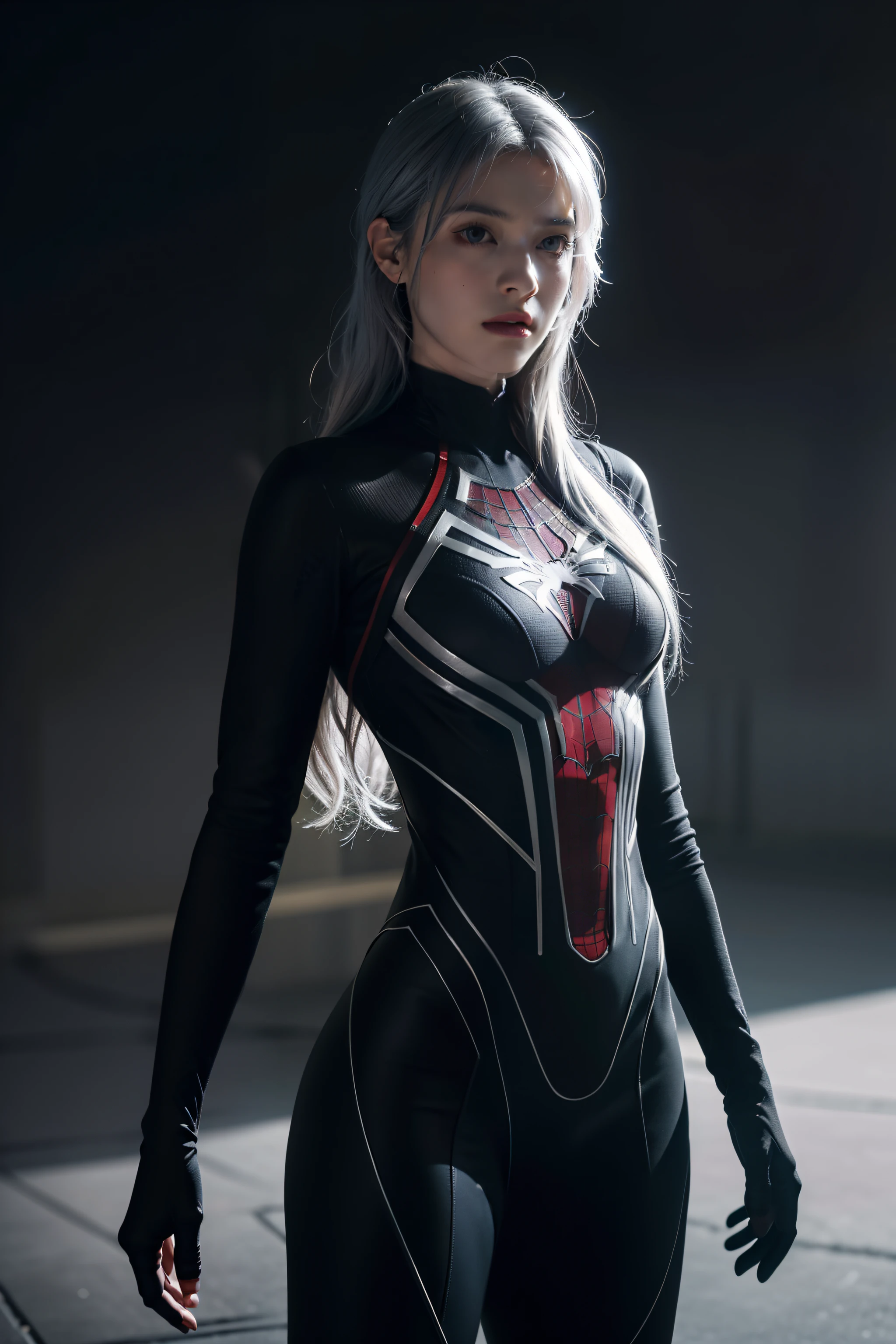 photorealistic, masterpiece, photorealistic, high resolution, soft light, hips up, a girl in a white Spider-Man costume, silver gray hair color, from the Spider-Man parallel universe, Wenger, Marvel, Spider-Man, sitting on the couch,focus on white Spider-Man costumes, complex spider textures