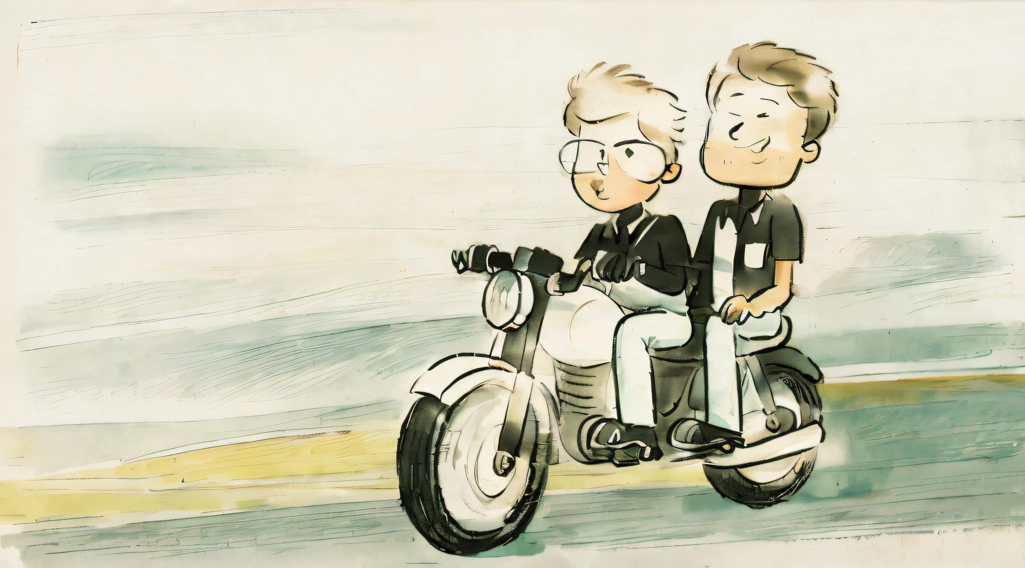 drawing of two people riding a motorcycle together on a white background, riding a motorbike, cartoon still, rotoscoped, riding a motorcycle, animation still, detailed 2d illustration, animatic, whole page illustration, cartoonish and simplistic, hand drawn animation, hand - drawn animation, keyframe illustration, drawn with photoshop, sketched 4k, simple illustration