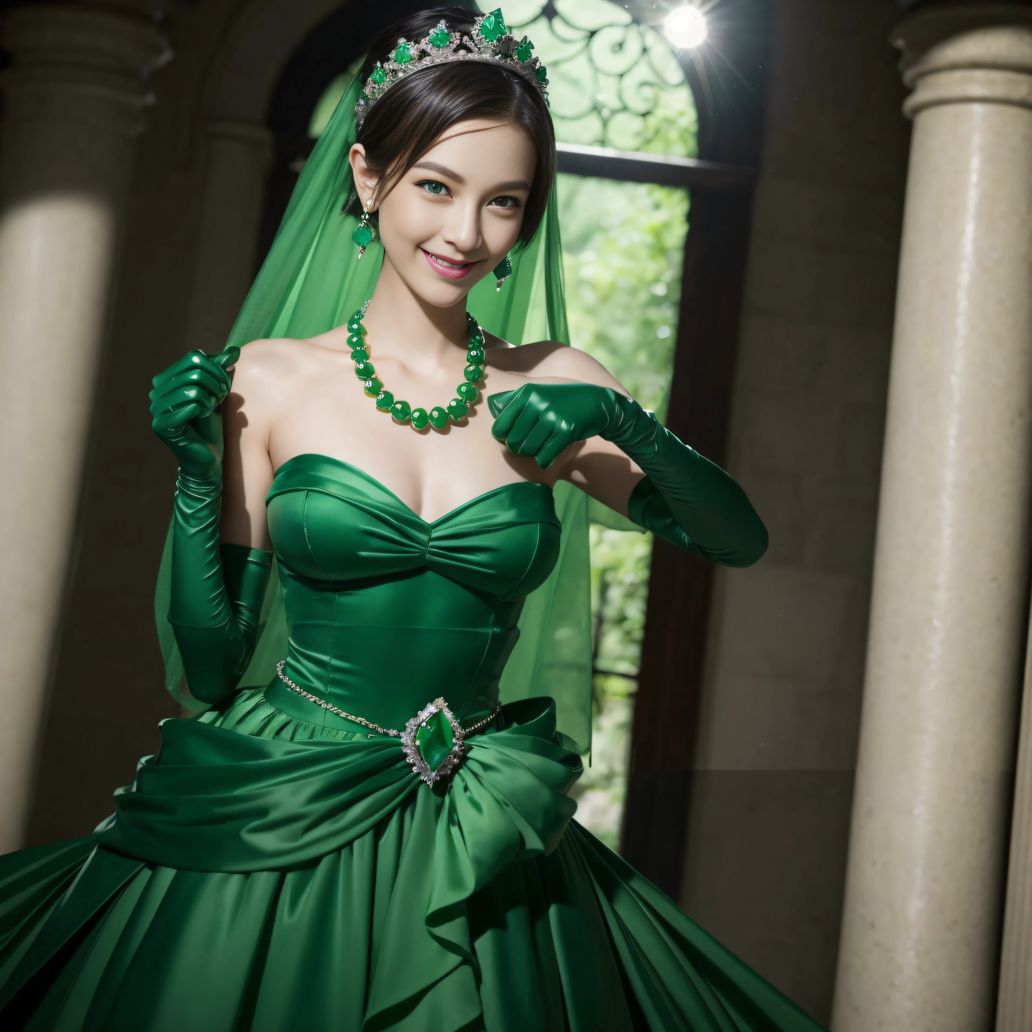 emerald tiara, Green Pearl Necklace, Boyish very short green hair, lipsticks, Japan woman smiling, very short short hair, fist, big breasts beautiful, Green eyes, Long green gloves made of satin material, Green eyes, Emerald Earrings, lesbian ,the kiss