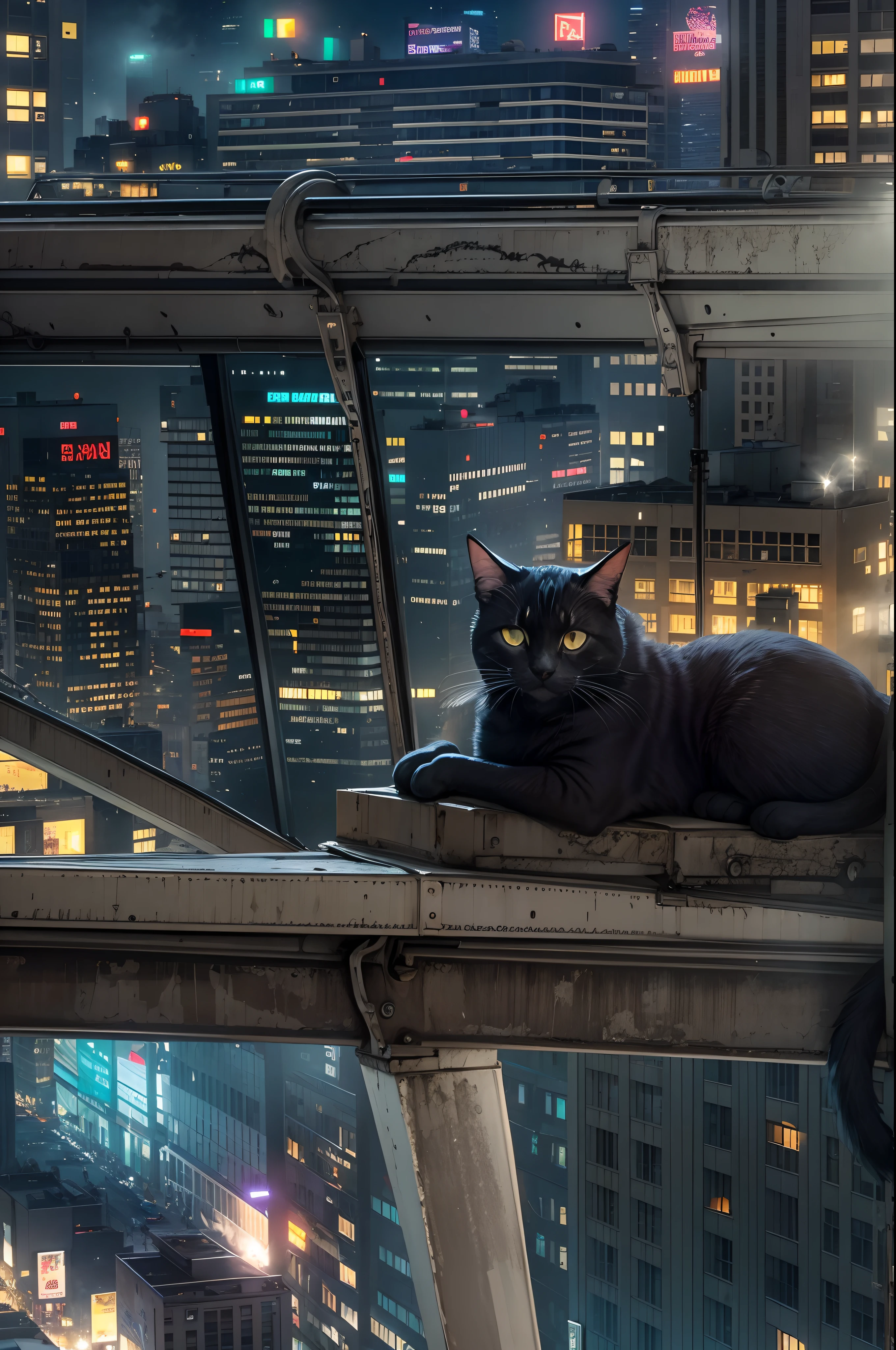 In the bustling city,
BREAK
a cat sits majestically on a skyscraper. It surveys its domain with the air of a conqueror. Its eyes glow with an inner fire, piercing the veil of the night. Its fur, black as the night sky, shimmers under the city lights. The cat is the undisputed ruler of this urban jungle.