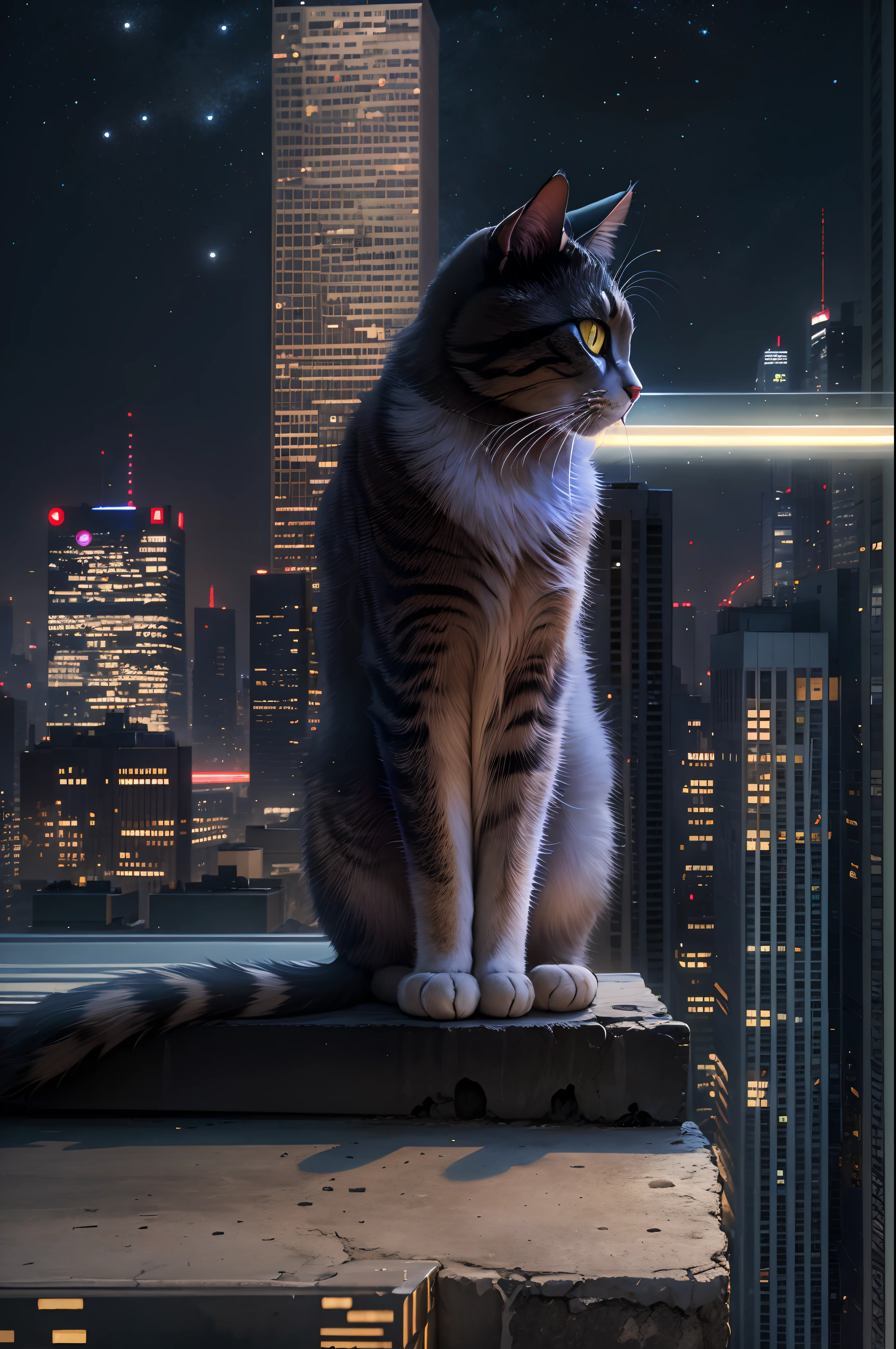 In the bustling city,
BREAK
a cat sits majestically on a skyscraper. It surveys its domain with the air of a conqueror. Its eyes glow with an inner fire, piercing the veil of the night. Its fur, black as the night sky, shimmers under the city lights. The cat is the undisputed ruler of this urban jungle.