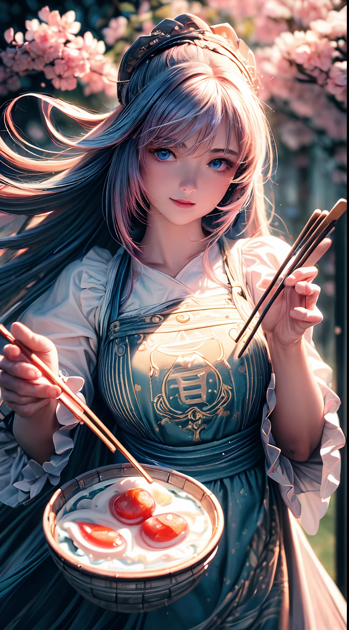 (Best quality, Ultra-detailed, Realistic:1.37), sliver long hair, Fantastic blue eyes, Happy woman beating eggs with chopsticks, Soft lighting, pink apron, illustration, bangs, Flowing hair, Gentle breeze, Shiny hair