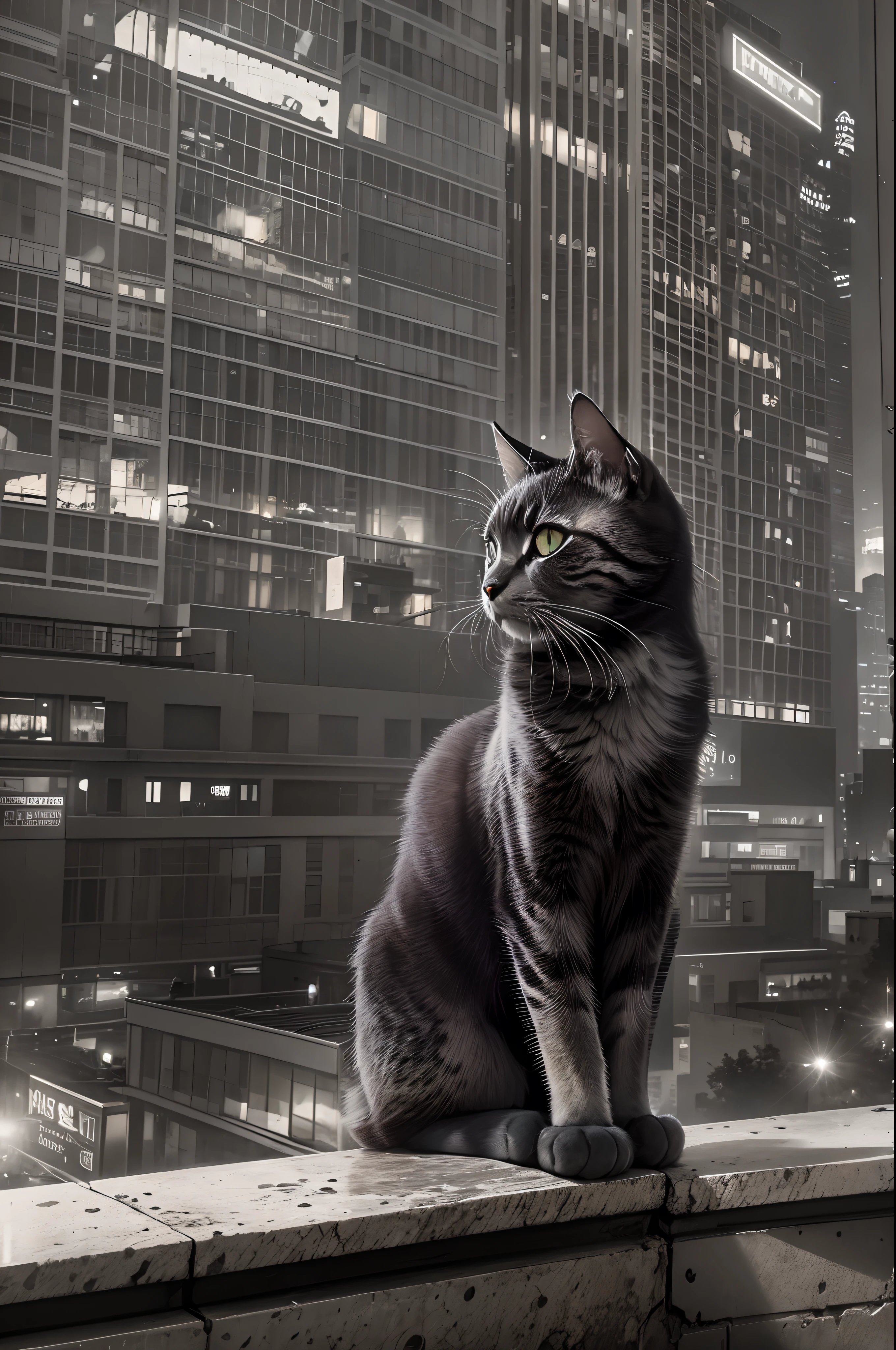 In the bustling city,
BREAK
a cat sits majestically on a skyscraper. It surveys its domain with the air of a conqueror. Its eyes glow with an inner fire, piercing the veil of the night. Its fur, black as the night sky, shimmers under the city lights. The cat is the undisputed ruler of this urban jungle.