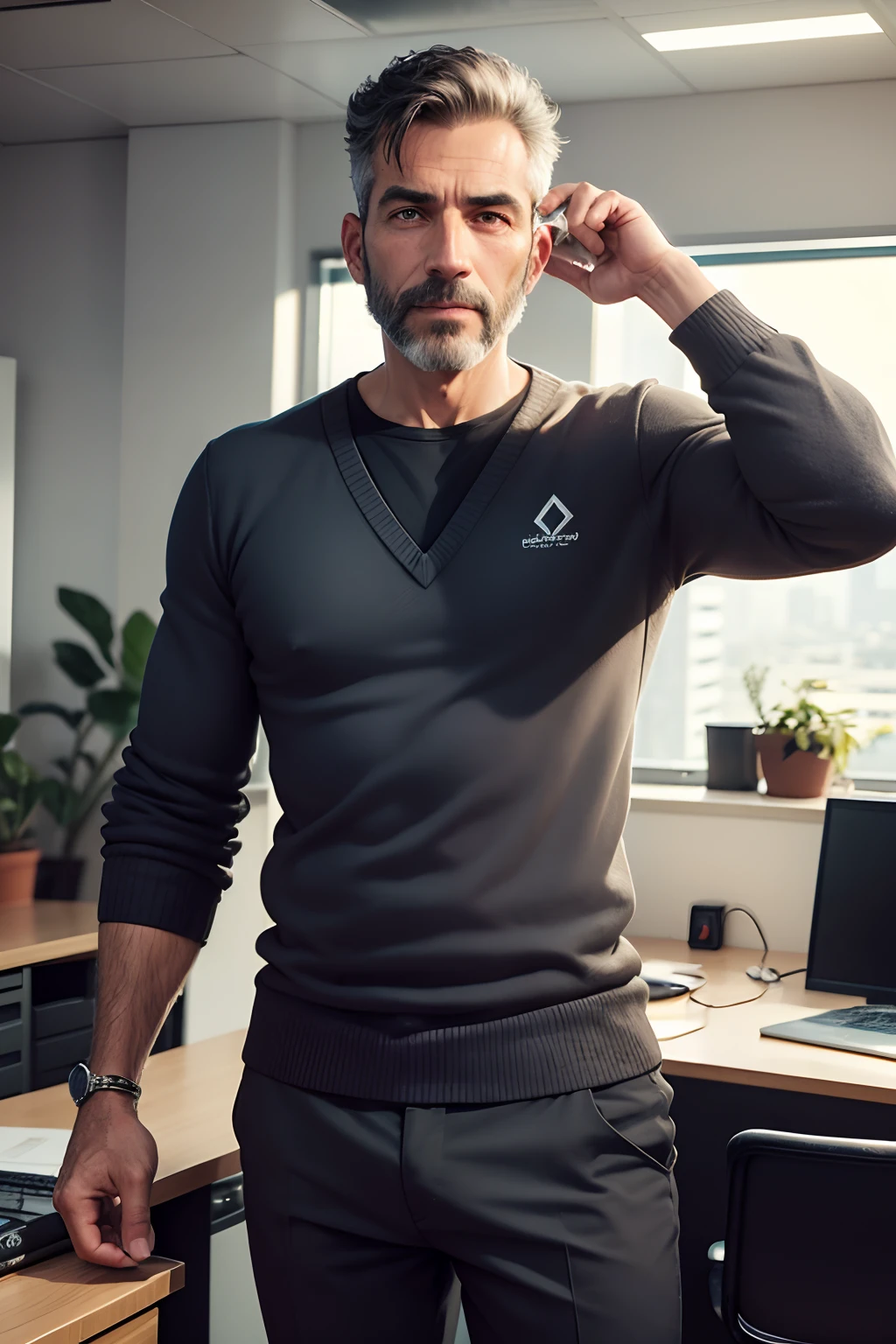 Homem de 45 anos, in an office, Successful entrepreneur, sofisticado, sentado em uma poltrona sofisticada de cor preta
