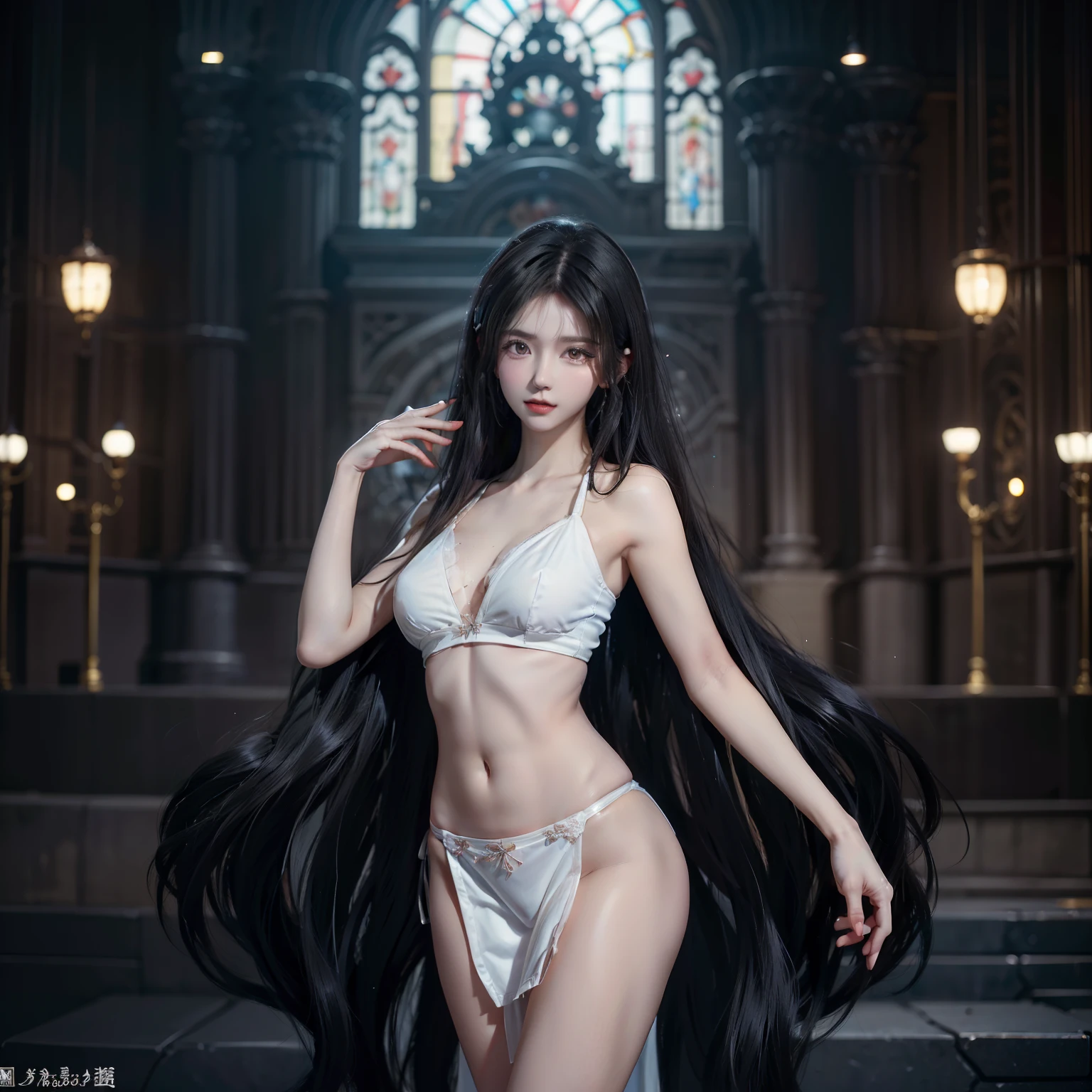 (Top image quality、top-quality、Top resolution、hyper realistic photography、Full body photo、​masterpiece、）1 girl、Super beautiful beauty with amazingly long black hair、hair length about 3 meters、White underwear or naked、Hide the whole body with straight black hair、Very beautiful face、well-groomed beautiful black hair、very large amount of hair、She has very long black hair that emphasizes her sex appeal as a woman、slim figure、Lustrous beautiful hair、