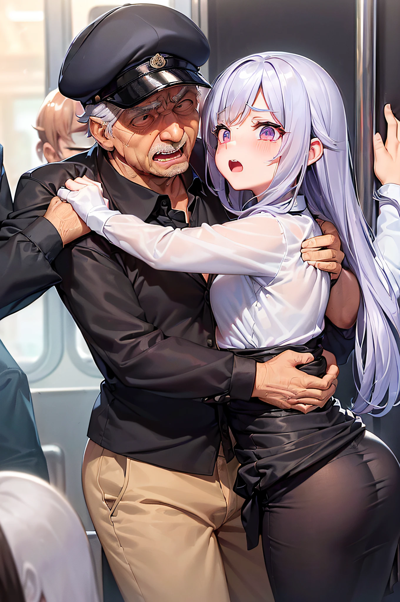 SFW, realista, obra maestra, VERY crowded subway train interior detailed scenario, VERY crowded subway train interior detailed background, Standing incredibly hot (mujer 1) usyo sexy ((uniforme escolar)), (((falda levantada)), (Grye), (Thigths gruesos), (fear expression), cara sonrojada, The old man groped woman 1 from behind,(((A small old man pressed his chest on the back of woman 1))) y (((holding her waist behind her)))