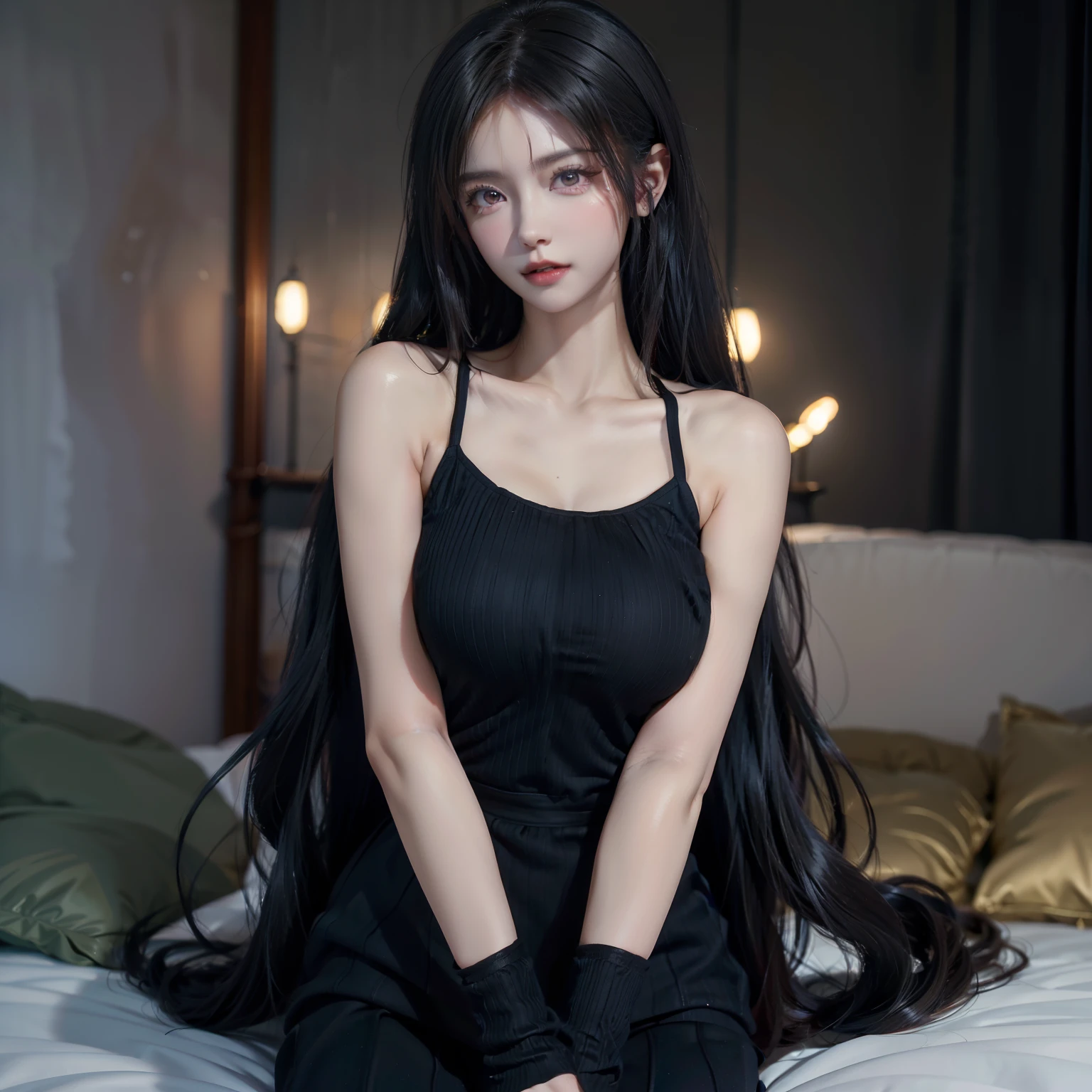 ((Top image quality、top-quality、Top resolution、hyper realistic photography、Full body photo、16k、))、Massive amount of black hair on the bed、ultra-long hair about 3 meters long,,,、One adult woman、Very beautiful face、She has super long hair that covers her entire body、The longest black hair in the world、Long black hair clings to the whole body、
