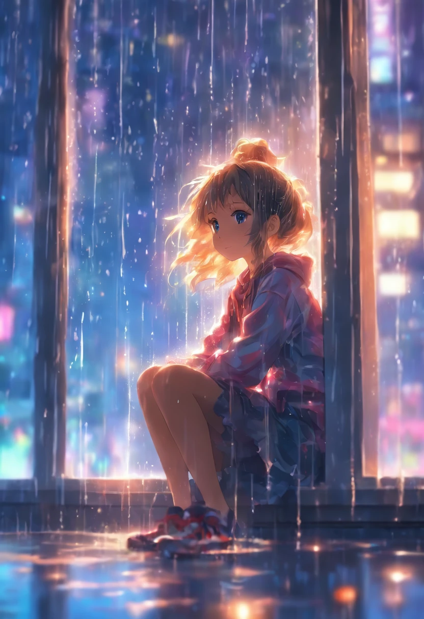girl sit and looking window with raining splash at it