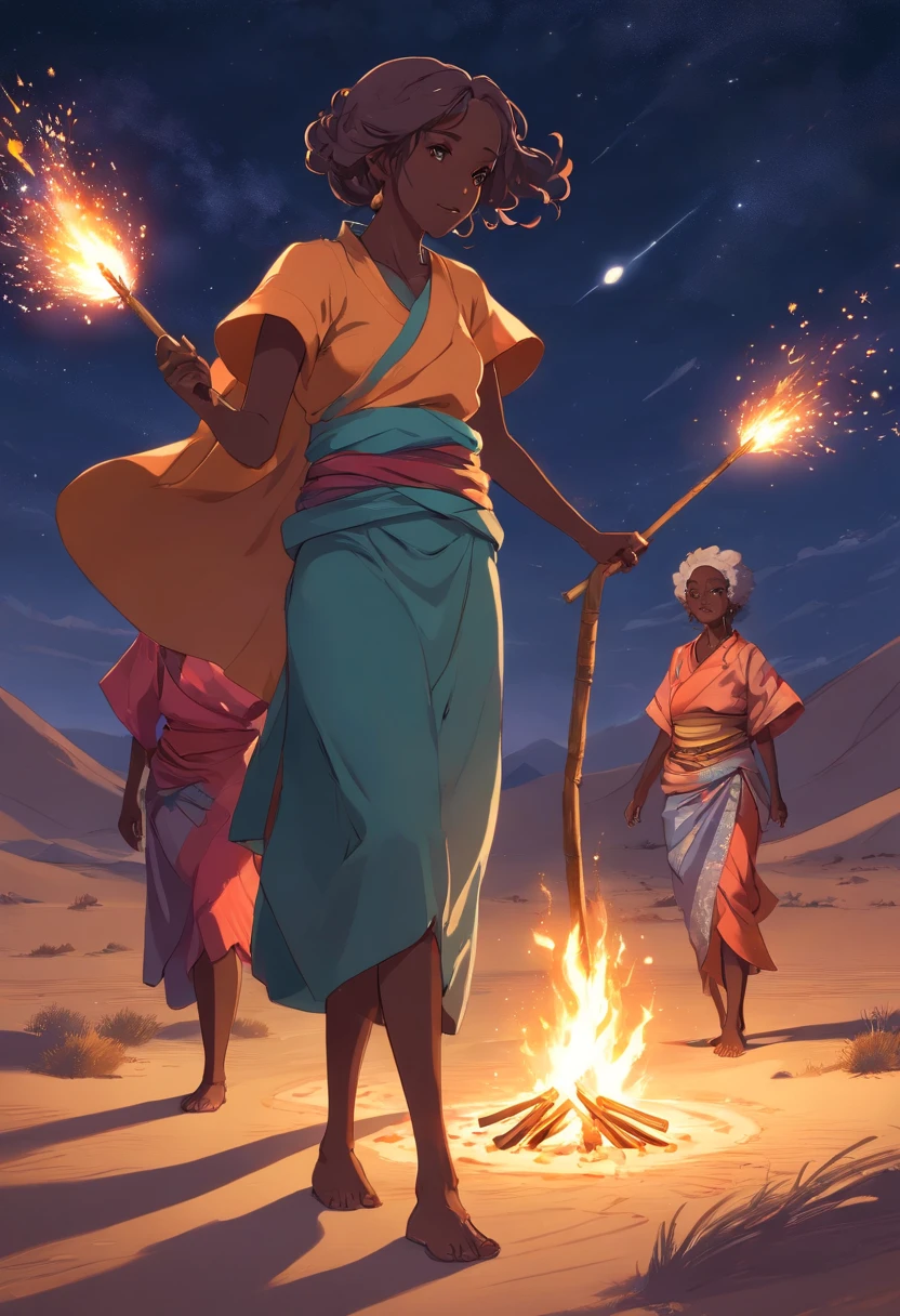 5 African old women in desert at night with sticks around afire telling story. dark skin, afro hair, dreadlocks, hair ornalents, starry night, sparks from the campfire, mystical. Girls doing traditional african dance from botswana