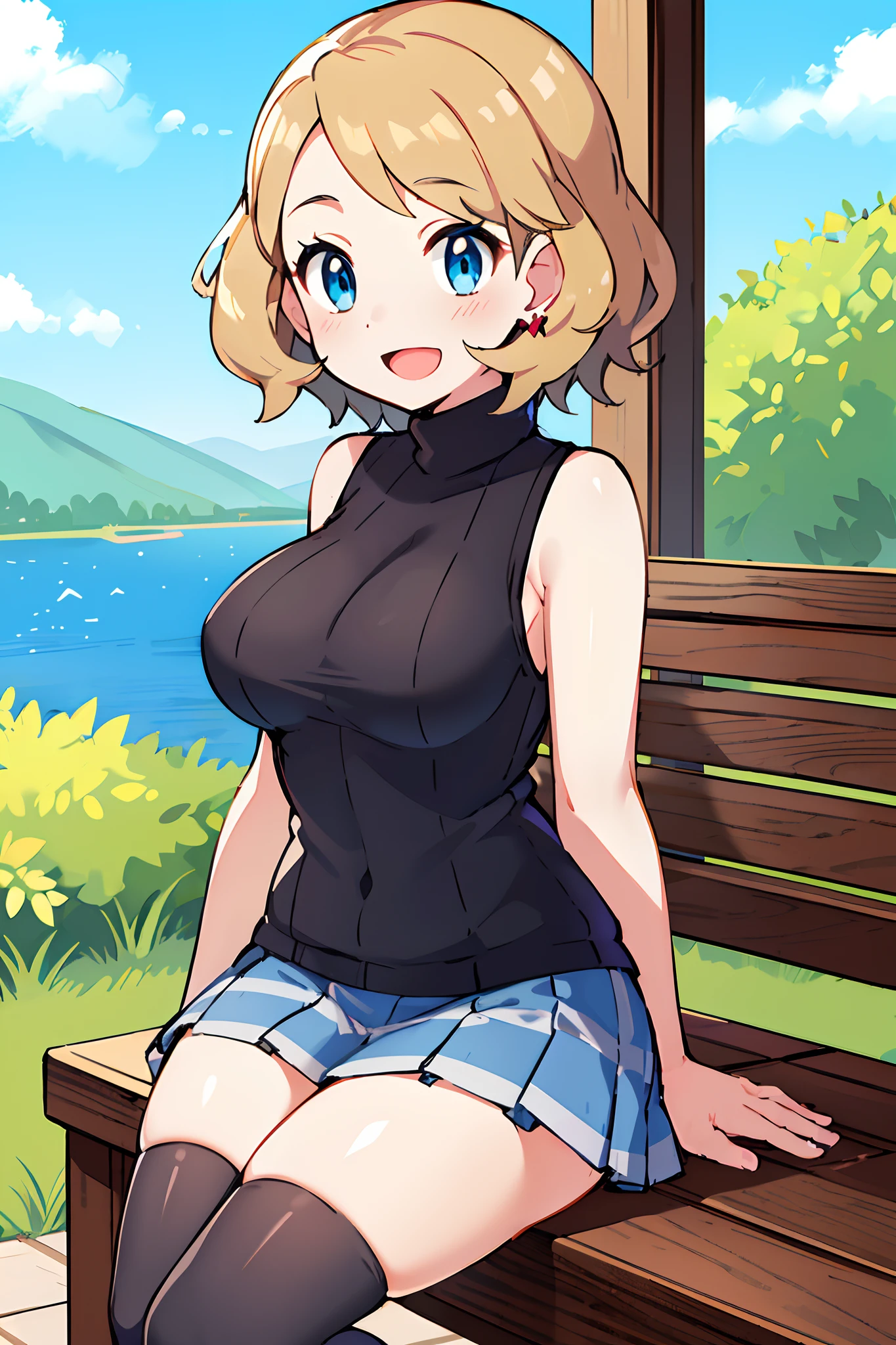 masterpiece, best quality, highres, serena \(pokemon\), short hair, blue earwear, blue eyes, 1girl, solo, sleeveless turtleneck, sweater vest, blue skirt, grey thighhighs, eyelashes, light grey sweater, light grey sweater, checkered skirt, short skirt, bangs, turtleneck sweater, sitting, side view, view from side, curvy, smiling, happy, medium breasts, teenager, lake, bench, skinny, hands on thighs, open mouth, looking at camera, jewelry, facing camera, slightly leaning forward,