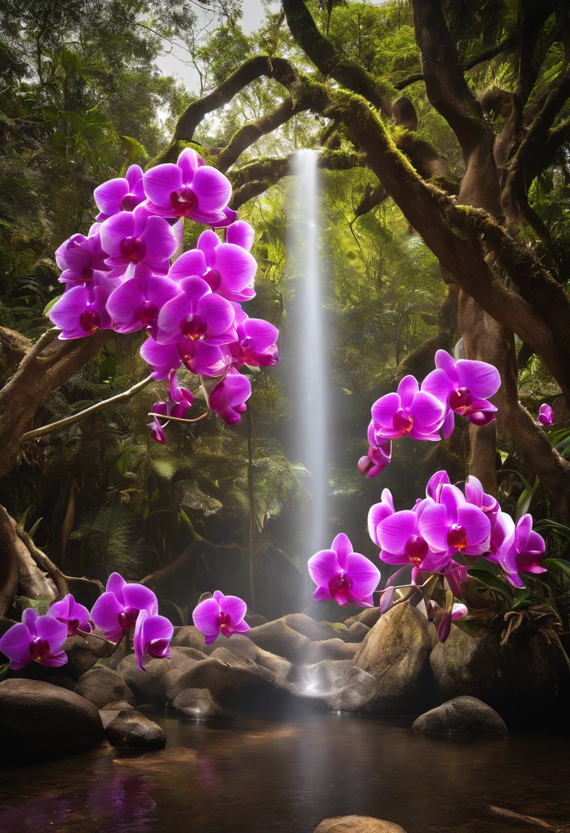huge orchid tree, orchid forest, kundalini, sun, orchid lake, orchid garden, ancient source energy, beautiful crystals, the leaves of the tree are orchids, huge orchid petals