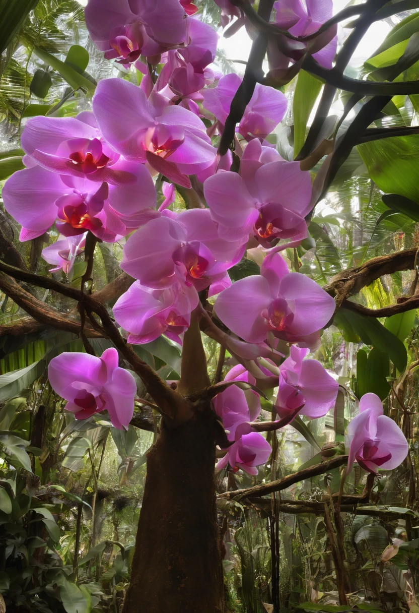 huge orchid tree, orchid forest, kundalini, sun, orchid lake, orchid garden, ancient source energy, beautiful crystals, the leaves of the tree are orchids, huge orchid petals