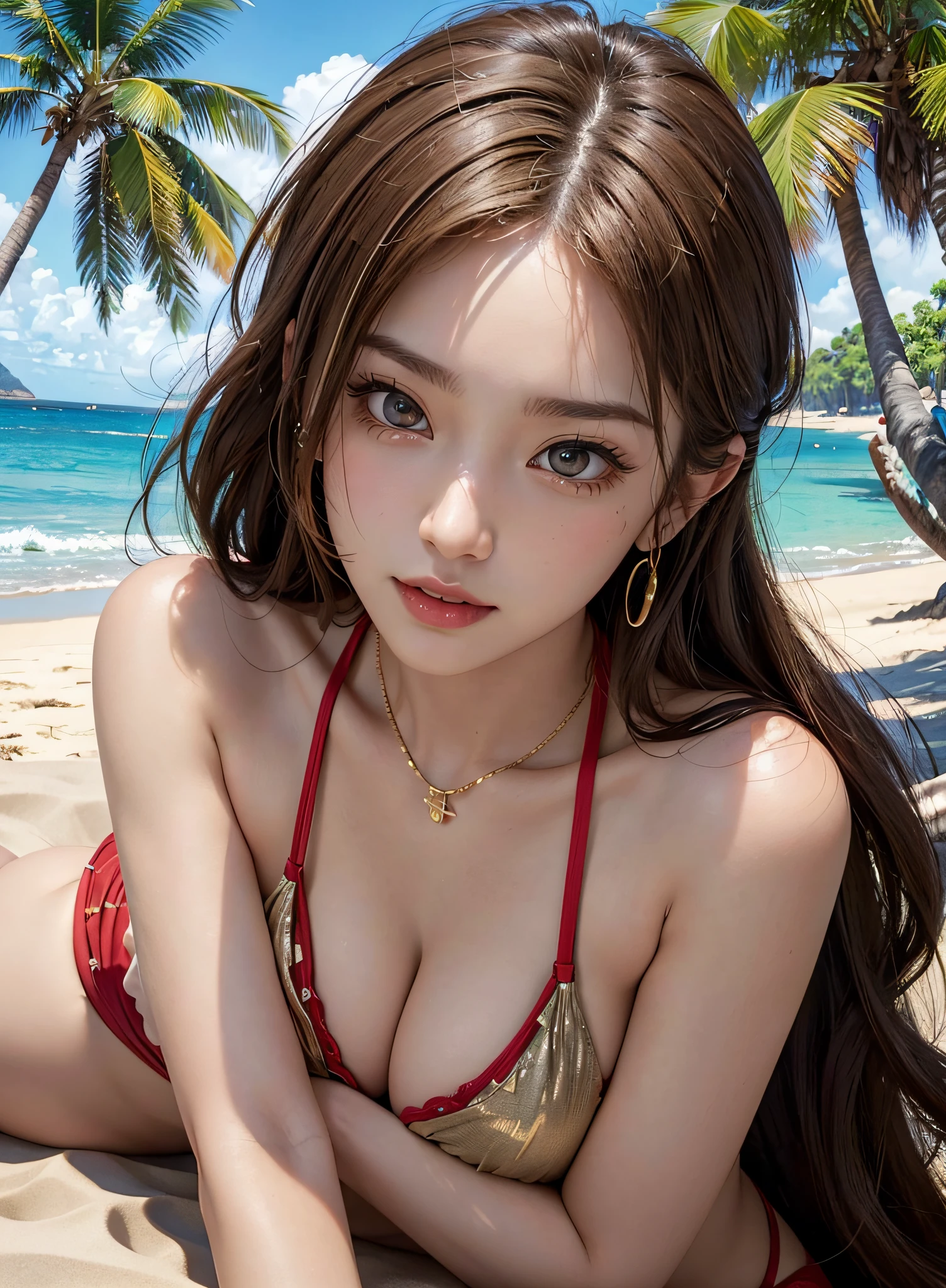 独奏, (Red and gold bikini:1.1), Beautiful beach with palm trees in the background, cleavage of the breast, (Light brown eyes:1.2), Blonde hair, Left and right symmetrical eyes, symbol-shaped pupils, wide eyes, longeyelashes, Solid Circle Eyes, makeup, （Laughing）, surrealism, Hyper-Realism, Verism, depth of fields, nffsw, masutepiece, ccurate, Anatomically correct, Textured skin, Super Detail, high details, High quality, Best Quality, hight resolution, 1080p, hard disk, 4K, in 8K