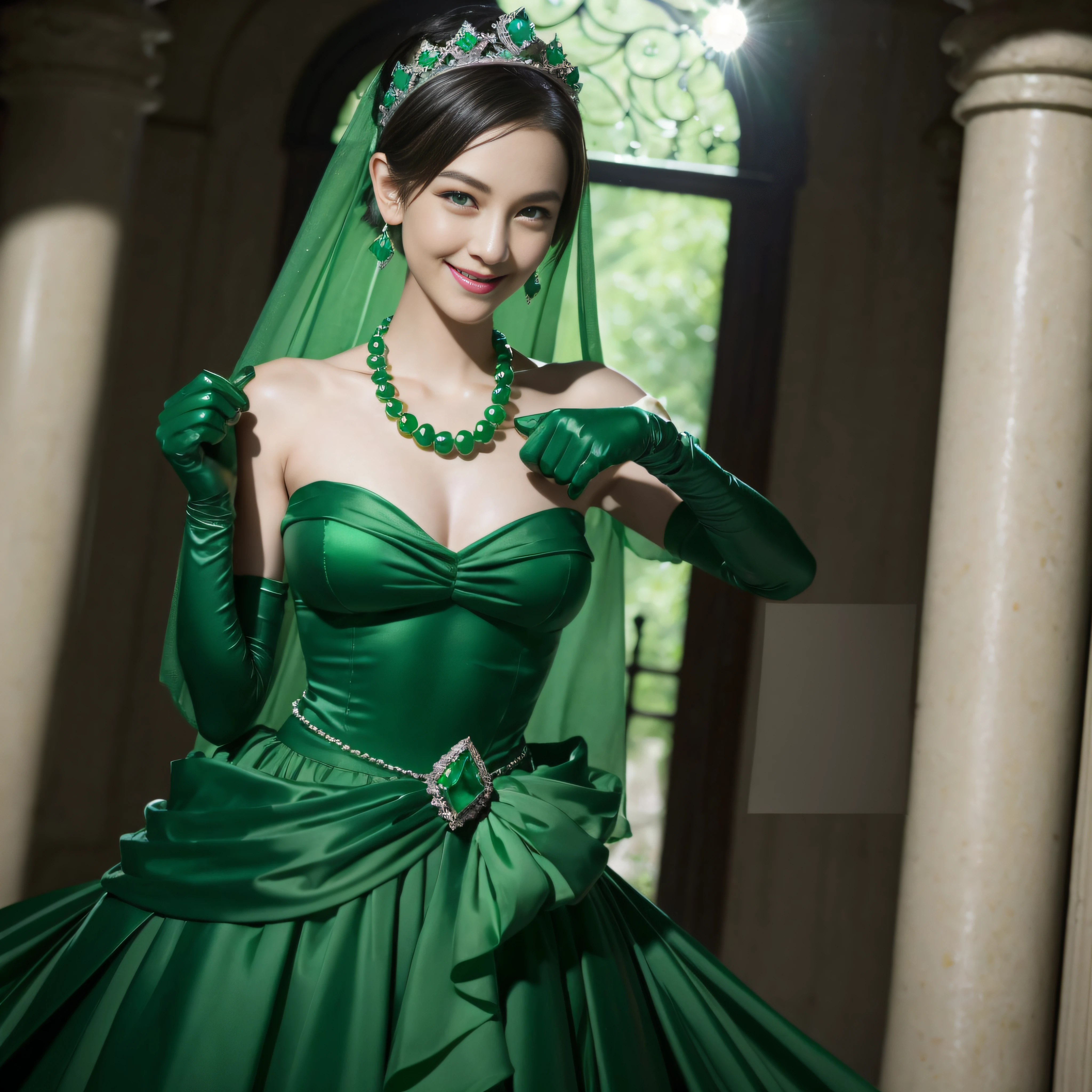 emerald tiara, Green Pearl Necklace, Boyish very short green hair, lipsticks, Japan woman smiling, very short short hair, fist, big breasts beautiful, Green eyes, Long green gloves made of satin material, Green eyes, Emerald Earrings, lesbian ,the kiss