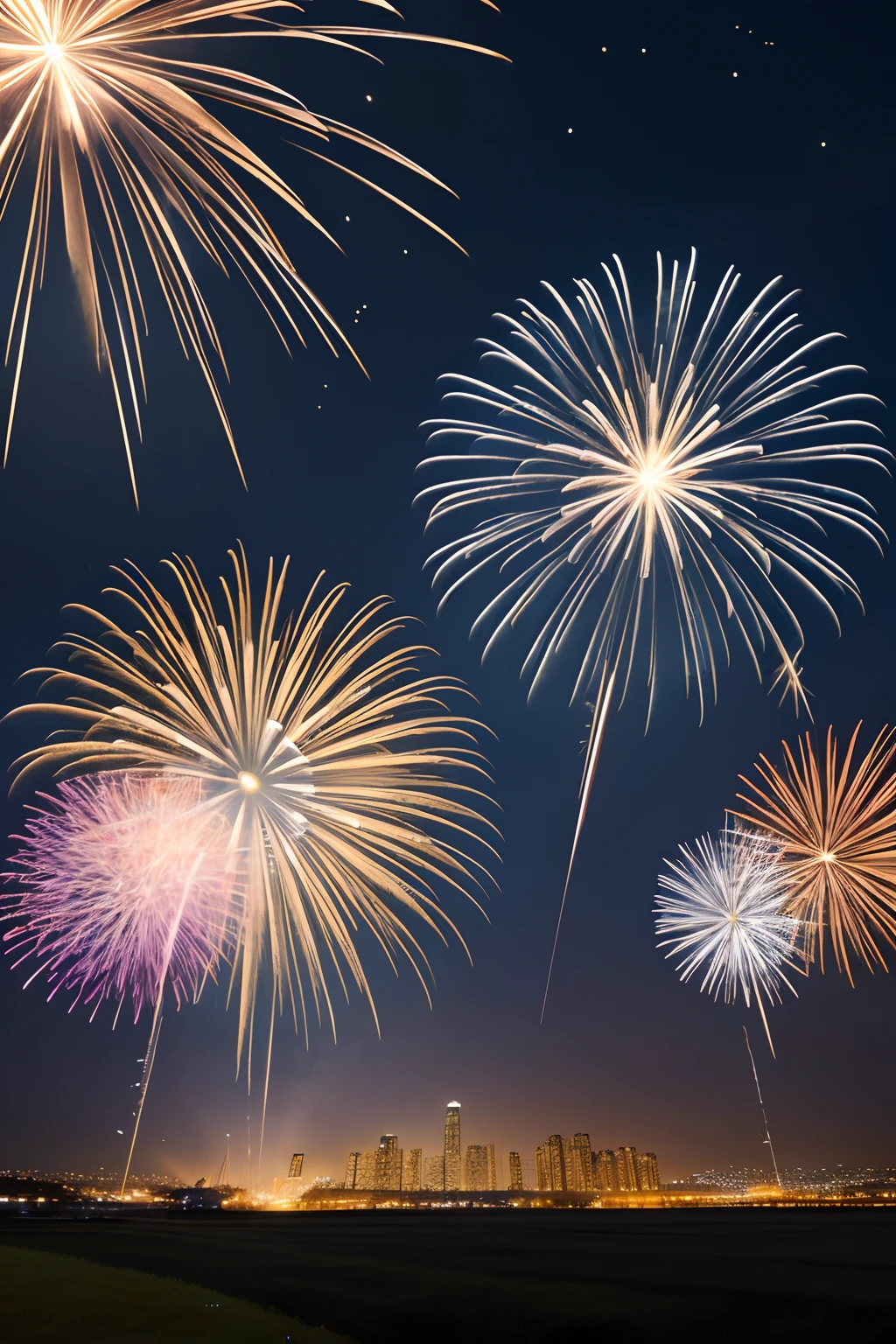 Best Quality, masuter piece, 超A high resolution, (Photorealistic:1.4), Raw photo, Professional Lighting, high-level image quality, high-detail, ​masterpiece、sparklers、nigh sky、landscapes、nighttime scene、Large-flowered fireworks
