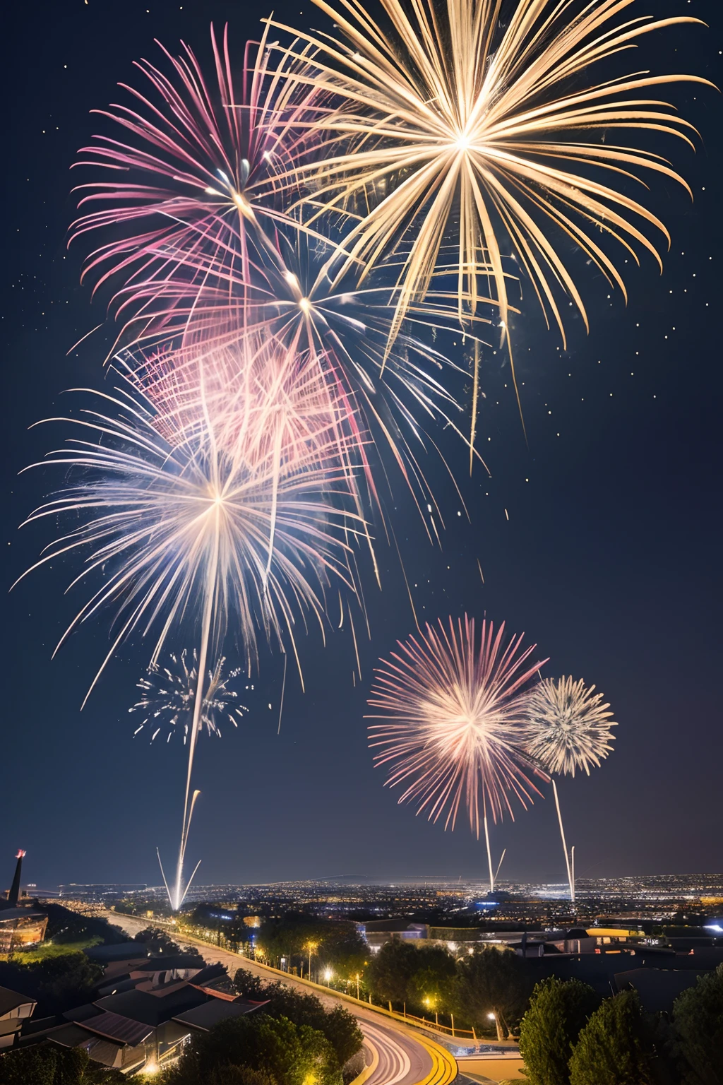 Best Quality, masuter piece, 超A high resolution, (Photorealistic:1.4), Raw photo, Professional Lighting, high-level image quality, high-detail, masterpiece、sparklers、nigh sky、landscapes、nighttime scene、Large-flowered fireworks